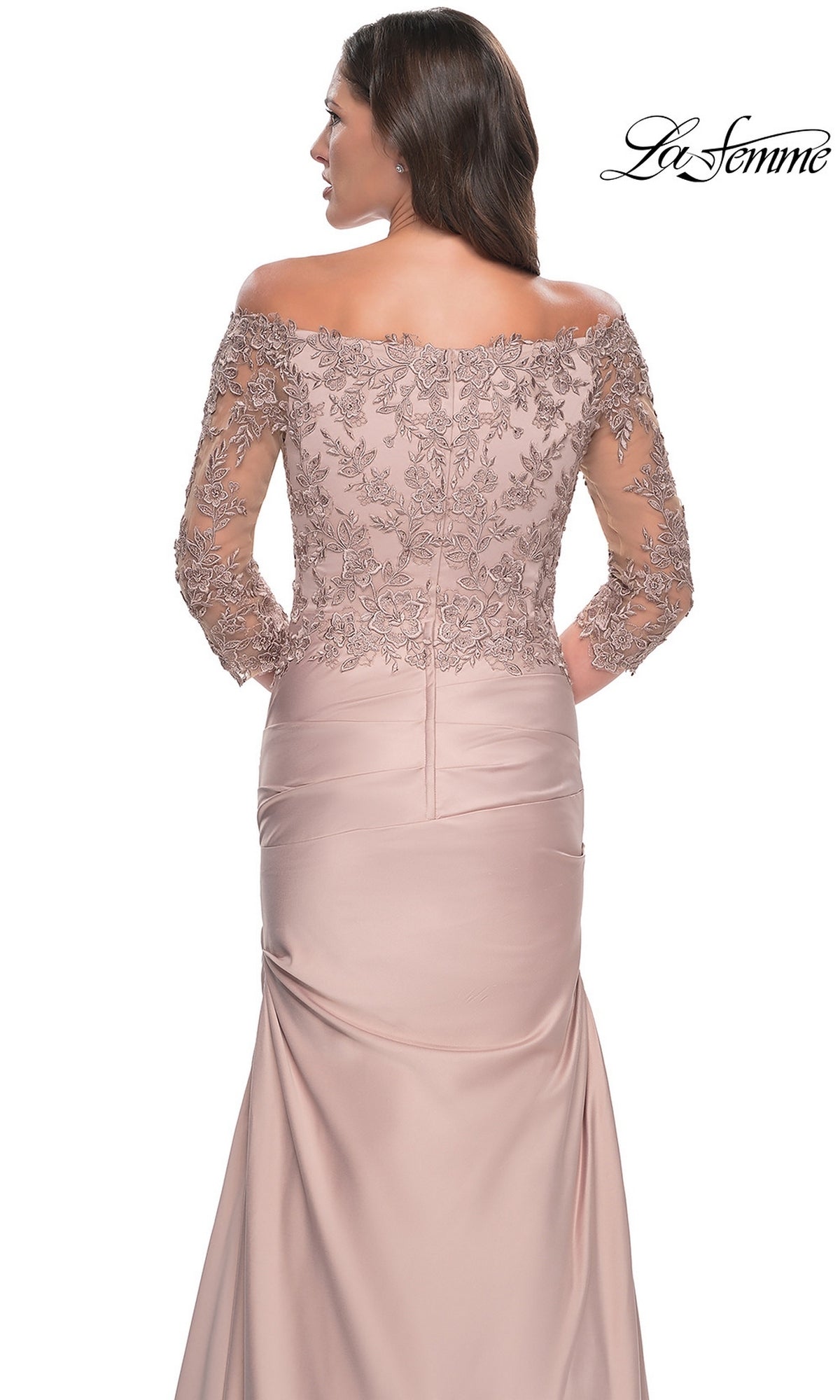 Back view of the Long Formal Dress: La Femme 30853, an off-the-shoulder, floor-length gown with a fitted bodice, lace three-quarter sleeves, and a trumpet skirt.