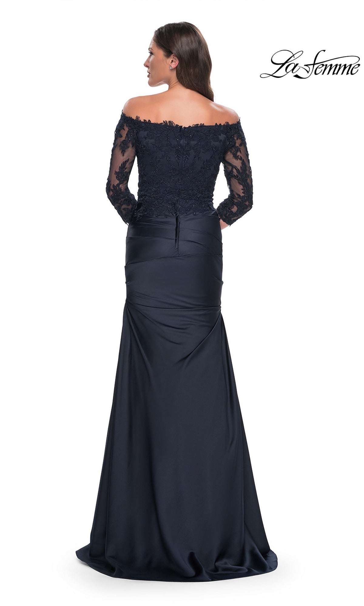 Back view of the Long Formal Dress: La Femme 30853, a dark off-the-shoulder formal dress with a lace bodice, long sleeves, and a fitted, floor-length trumpet skirt.