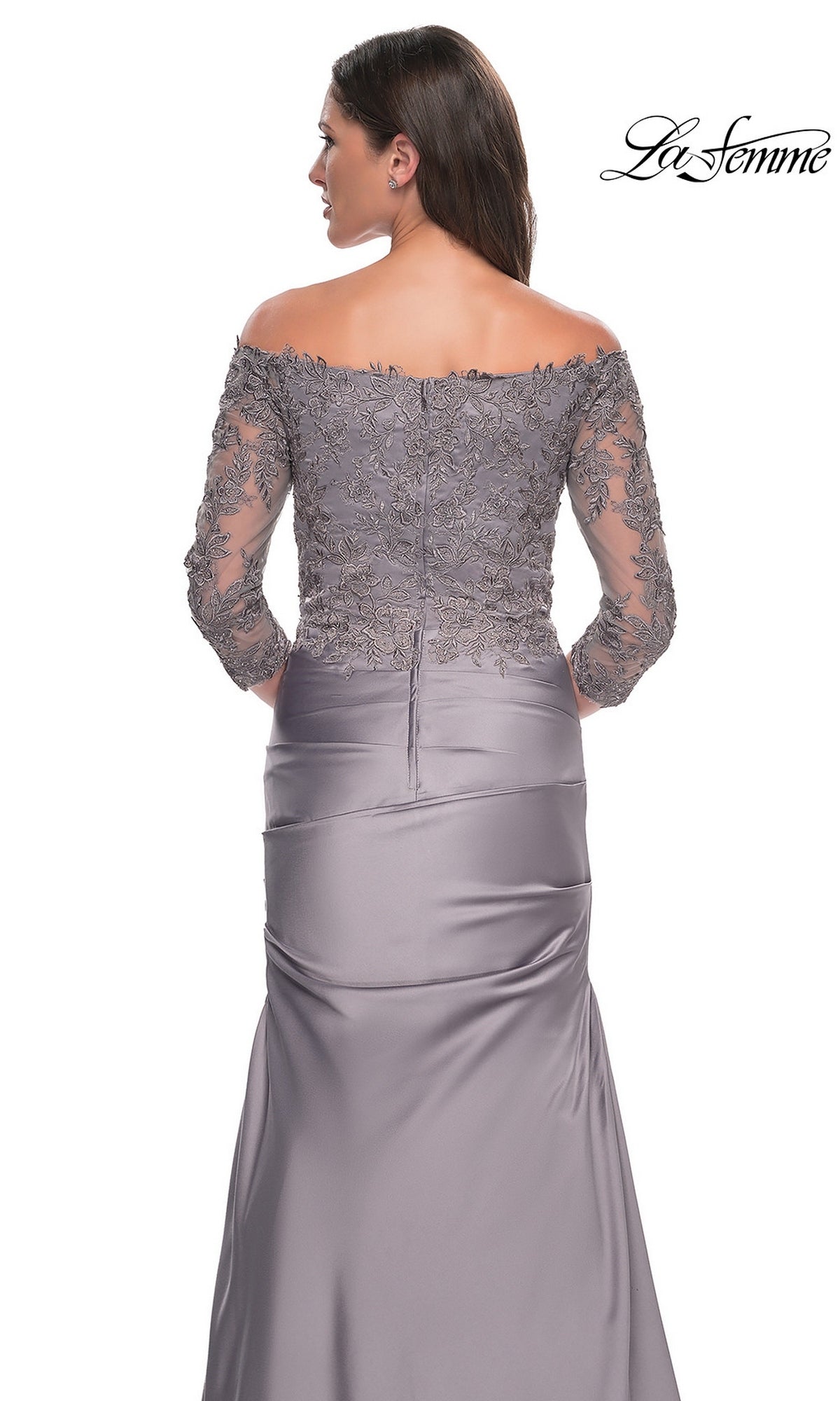 Back view of the Long Formal Dress: La Femme 30853, featuring an off-the-shoulder design, three-quarter lace sleeves, and a floor-length trumpet skirt.