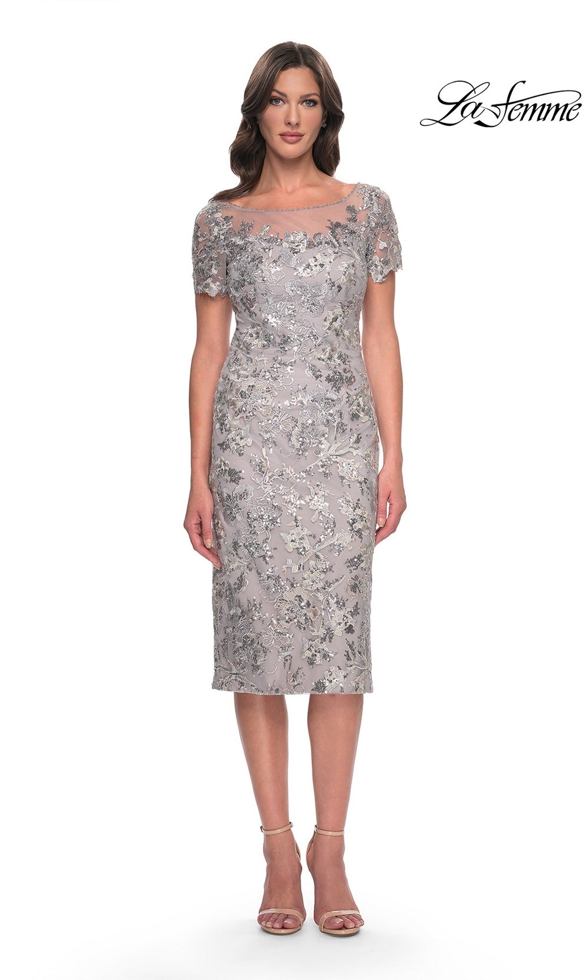 Silver La Femme 30854 knee-length wedding guest dress with a sheer neckline, short sleeves, and sequin floral embroidery.