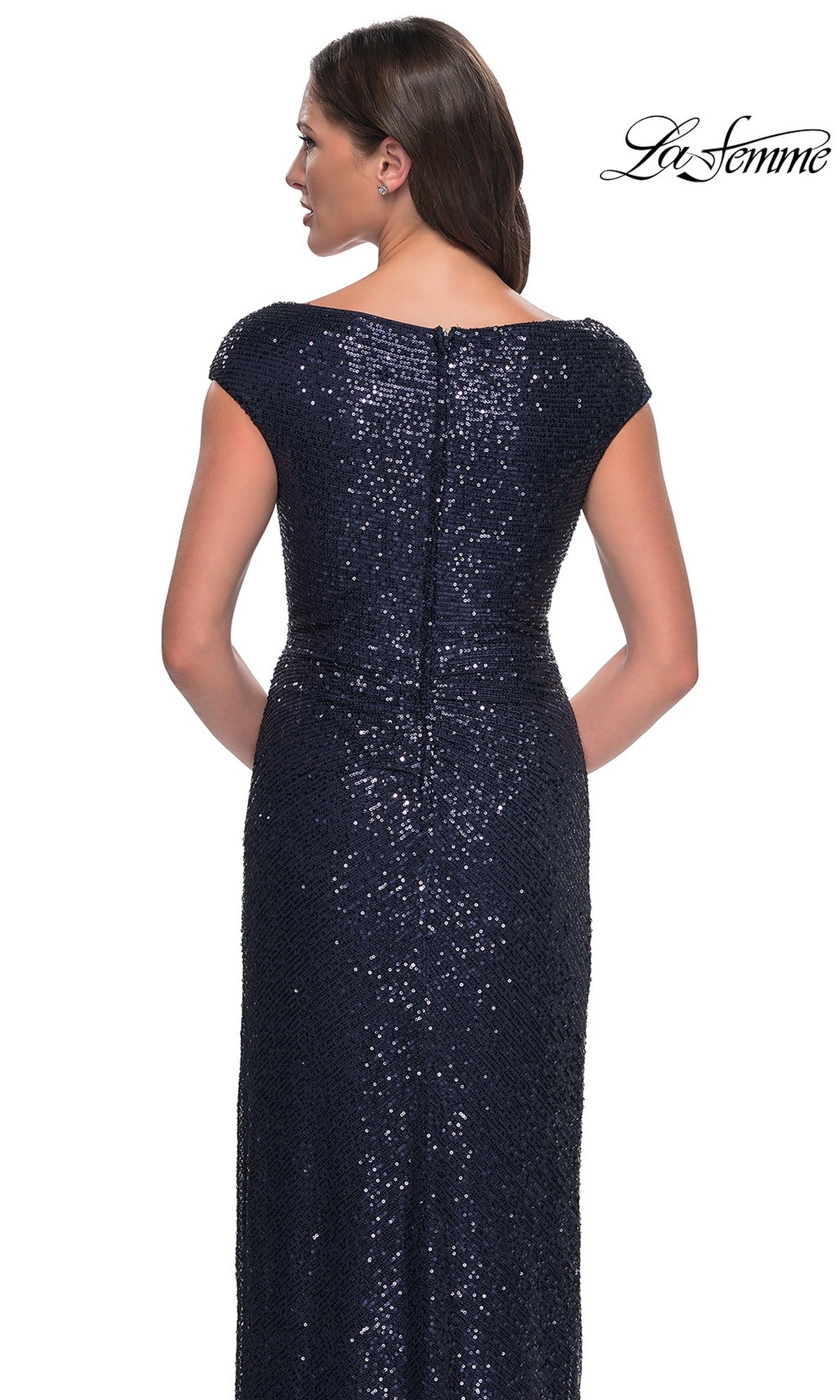 Back view of the Long Formal Dress: La Femme 30865, a dark, sequined sheath gown with a floor-length silhouette, cap sleeves, and a boat neckline.