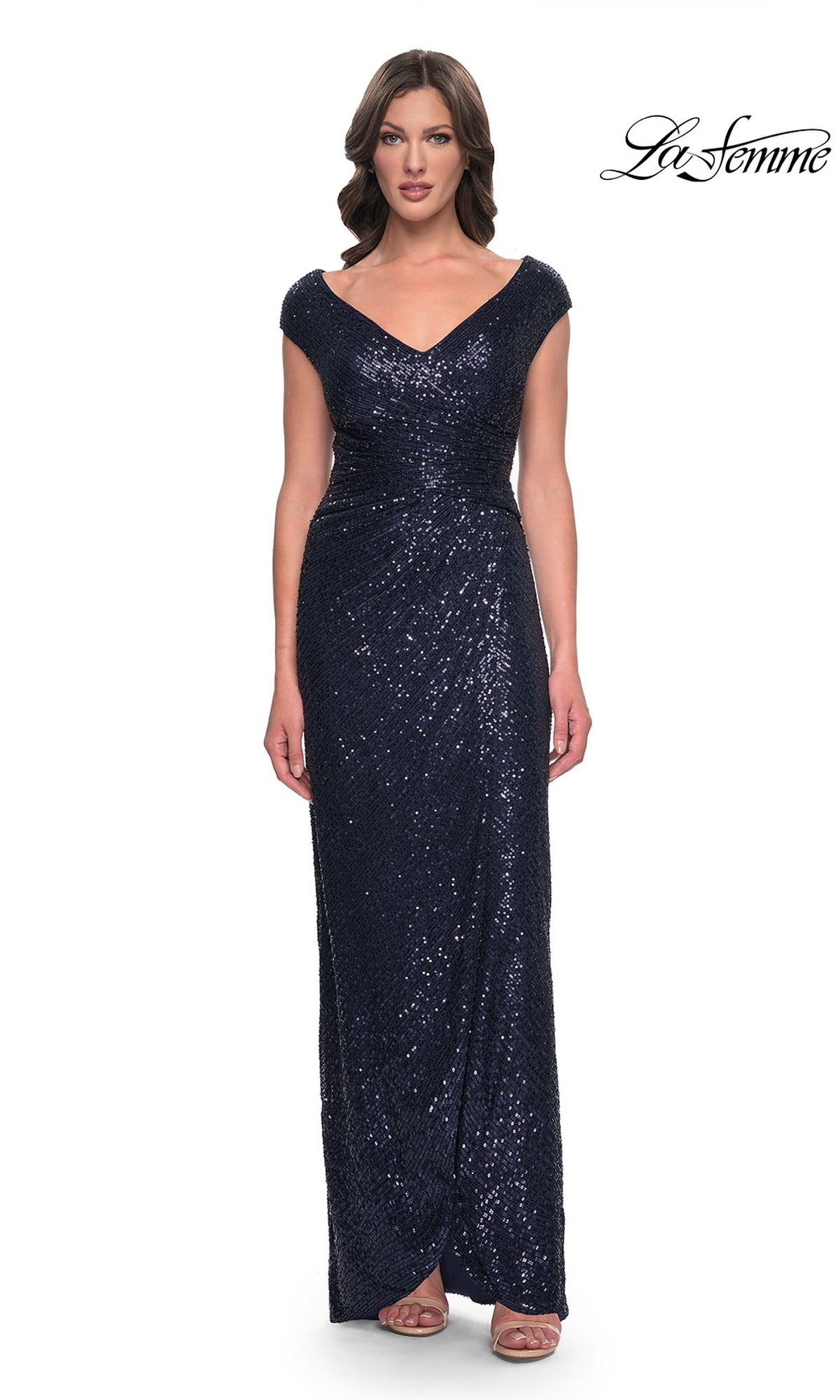 La Femme 30865 long formal dress in navy blue featuring a sequined sheath silhouette with cap sleeves and a v-neckline.