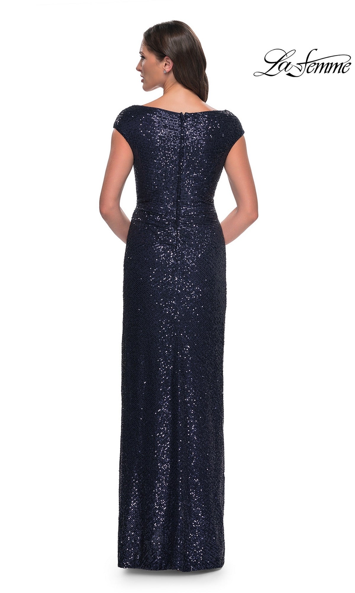 Back view of the Long Formal Dress: La Femme 30865, a floor-length navy blue sequin sheath dress with cap sleeves and a boat neckline.