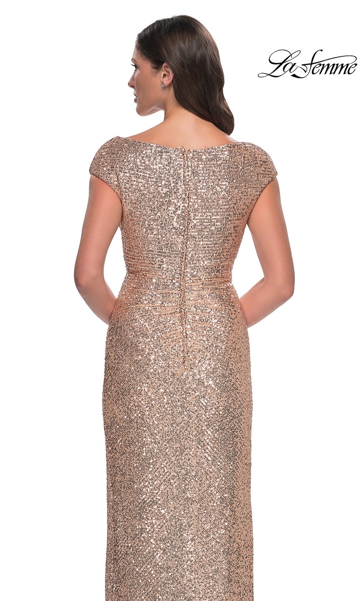 Back view of the Long Formal Dress: La Femme 30865, a floor-length, rose gold sequined sheath evening gown with cap sleeves and a boat neckline.