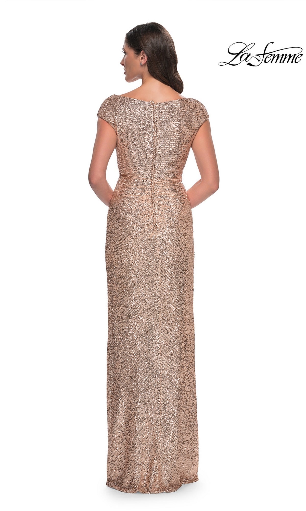 Back view of the Long Formal Dress: La Femme 30865, a floor-length, rose gold sequin dress in a sheath silhouette with cap sleeves and a boat neckline.
