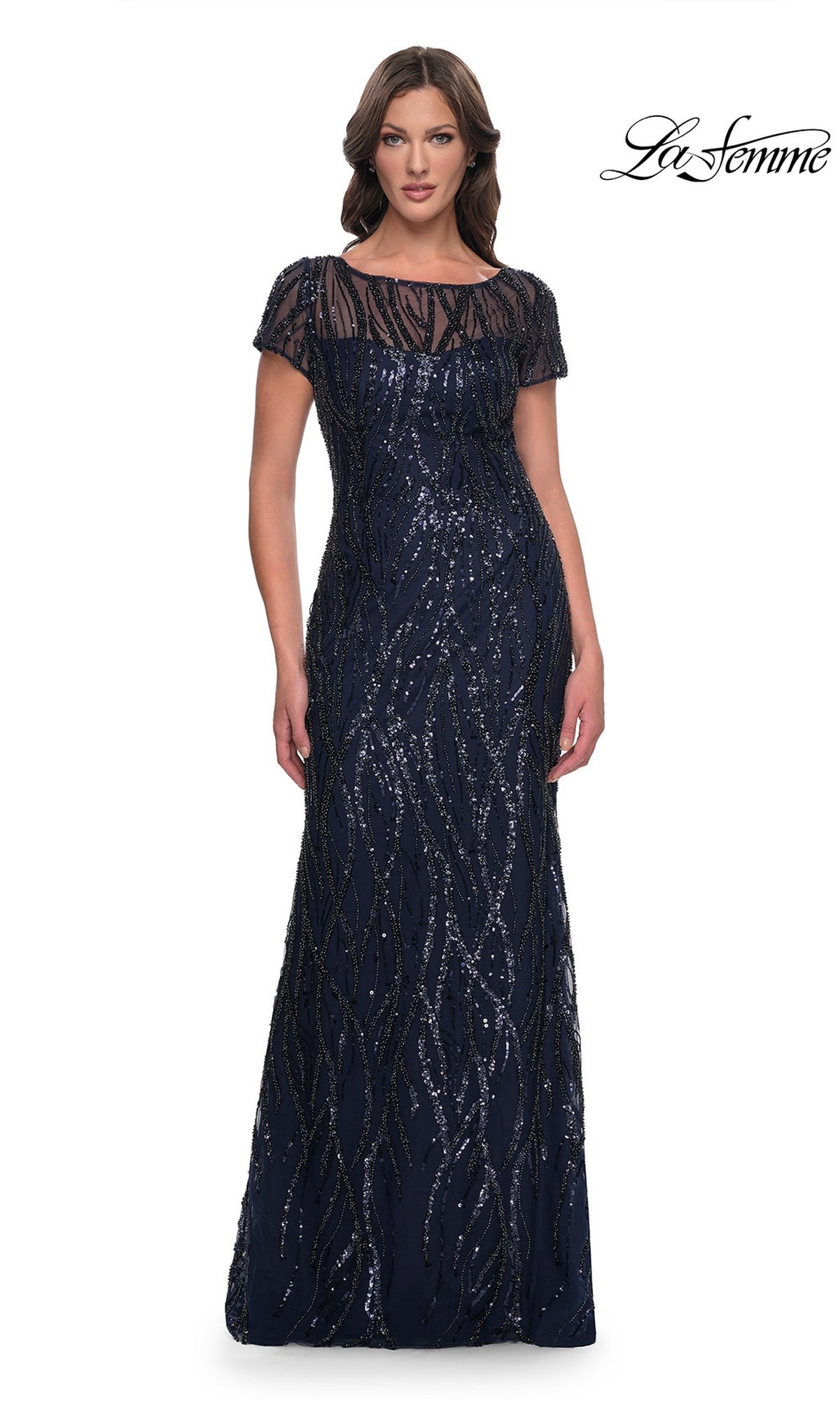 La Femme 31005 navy floor-length formal dress with short sleeves, a sheer neckline, and sequined, wavy vertical patterns.