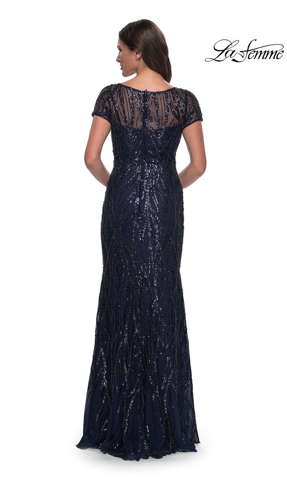 Back view of a floor-length navy beaded Long Formal Dress: La Femme 31005 with short cap sleeves, an illusion neckline, and intricate vertical embellishments.