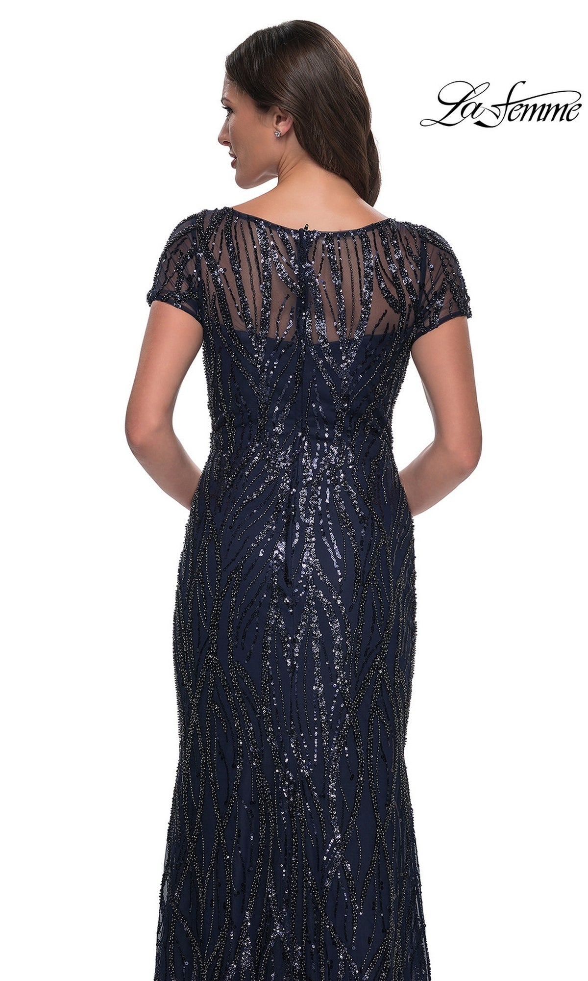Back view of a navy beaded La Femme 31005 formal dress with short sleeves, an illusion neckline, and vertical sequin patterns.