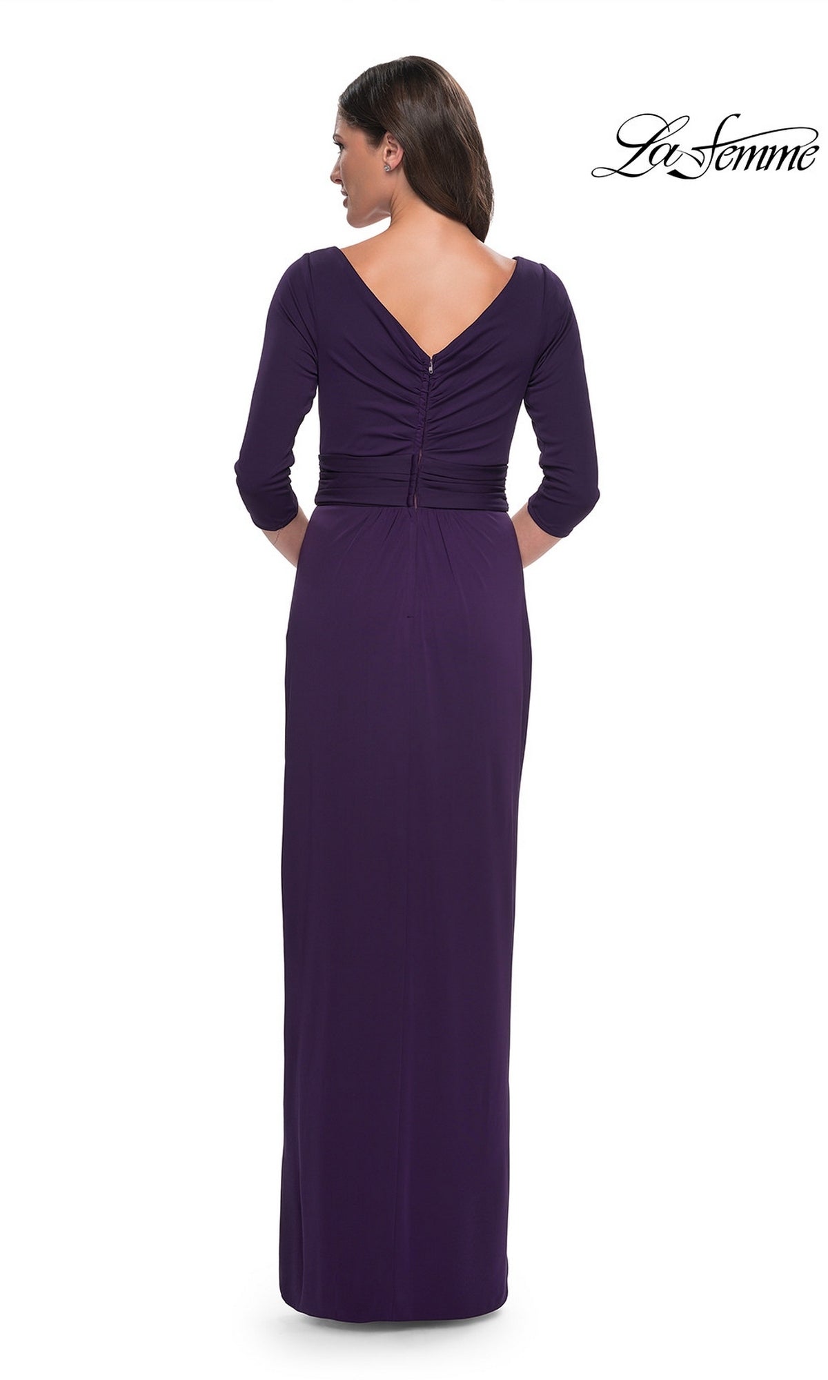 Back view of a woman in a deep purple Long Formal Dress: La Femme 31014, featuring a floor-length silhouette, three-quarter sleeves, and a modest V-back.