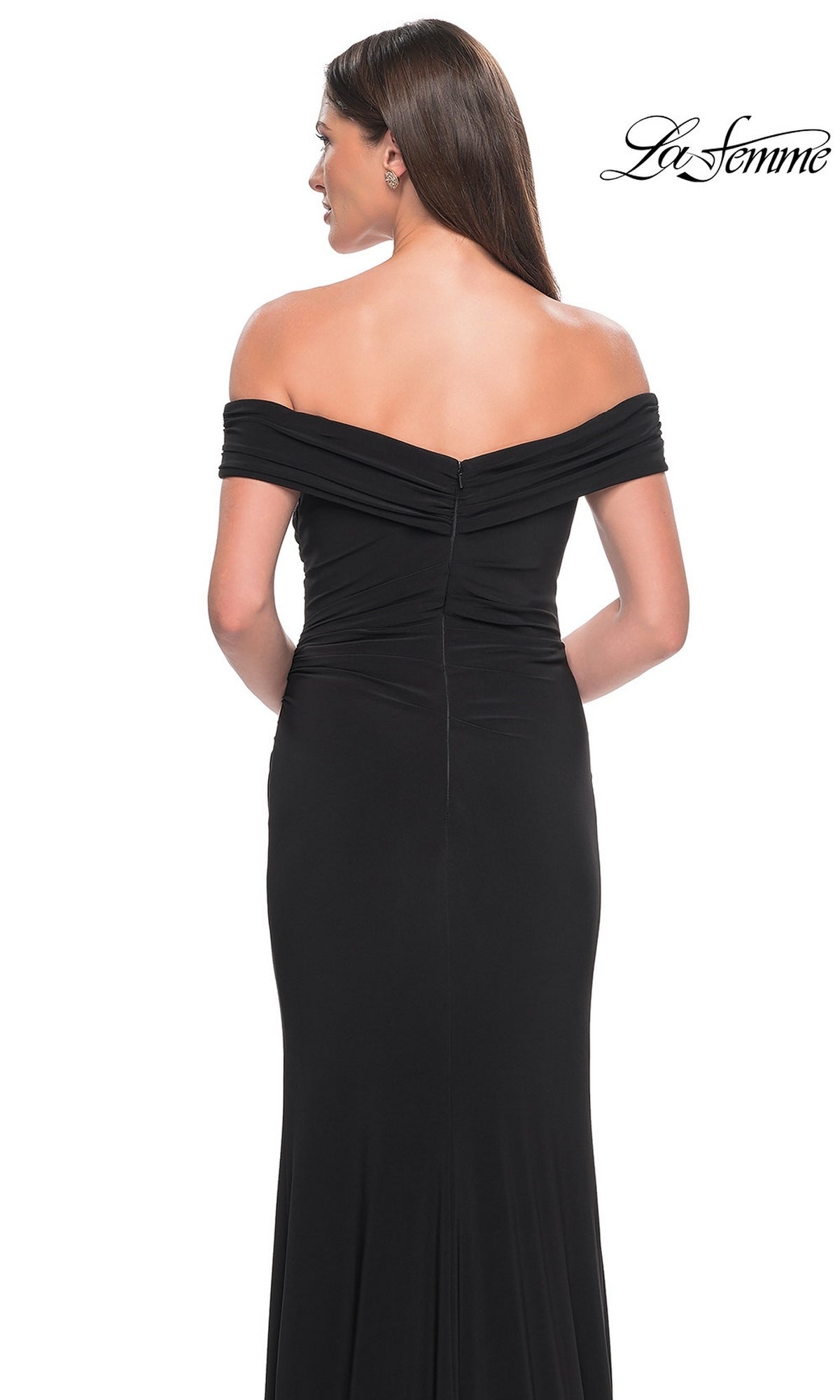 Back view of a woman wearing a black, floor-length, off-the-shoulder Long Formal Dress: La Femme 31086 with a high-leg slit.
