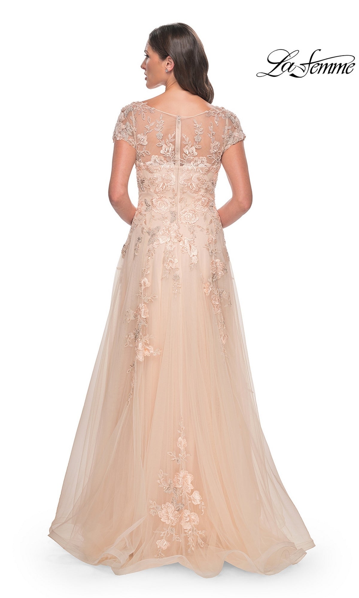 Back view of the Long Formal Dress: La Femme 31198, a floor-length, light pink gown with cap sleeves, beaded lace appliques, and an A-line tulle skirt with floral embroidery.