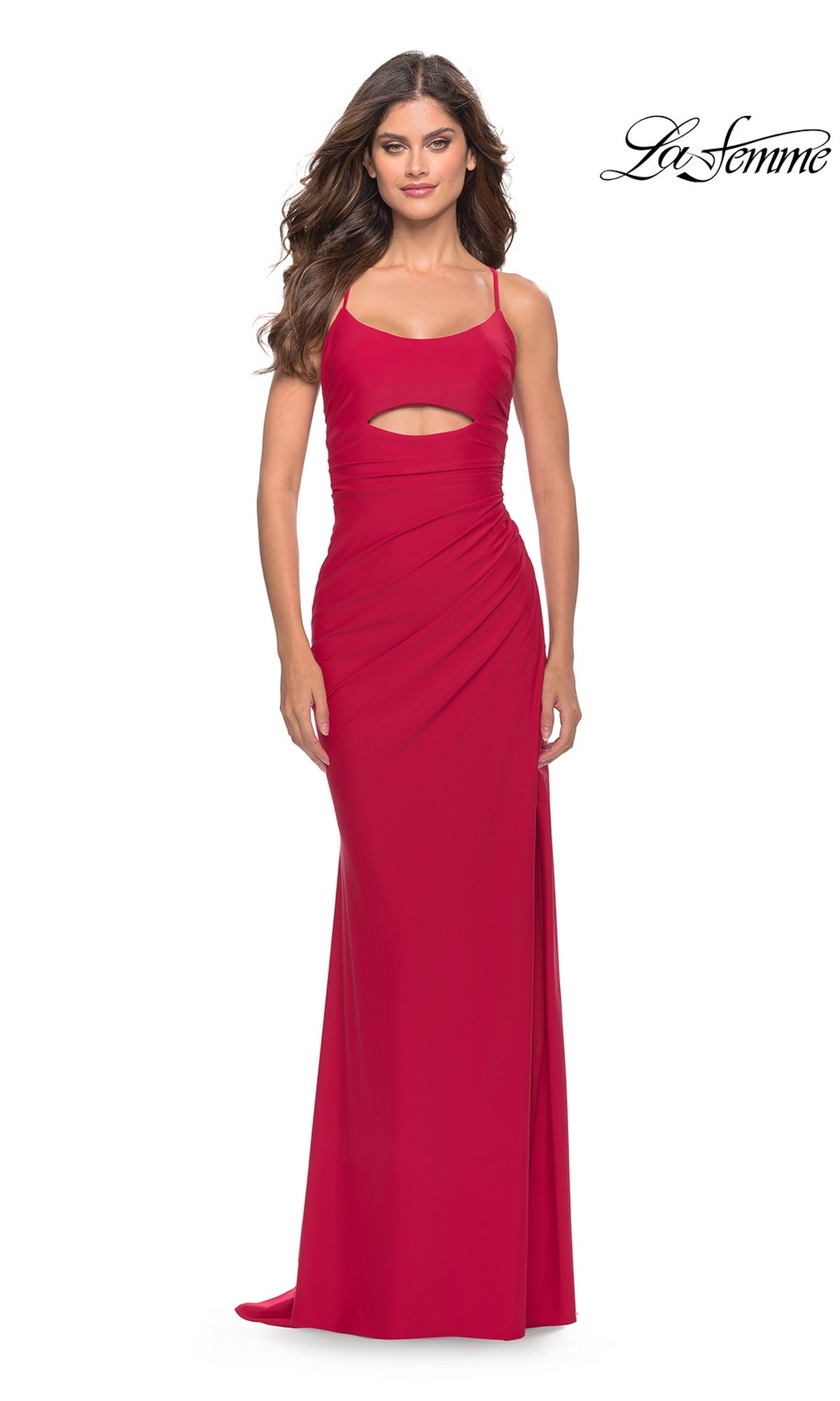 A woman wearing a La Femme 31264 long prom dress in red with a floor-length jersey skirt, a cutout bodice, and a side slit.