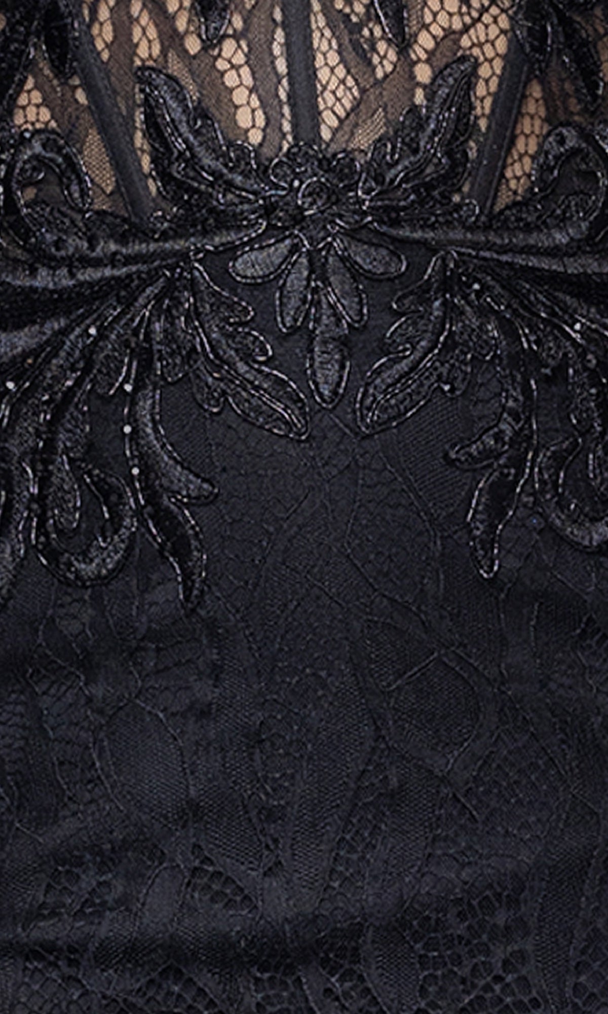Close-up of black lace fabric with floral embroidery and sheer mesh on the Strapless Mini Hoco Dress: Blondie Nites 3135BN—ideal for a short, trendy homecoming or party look.