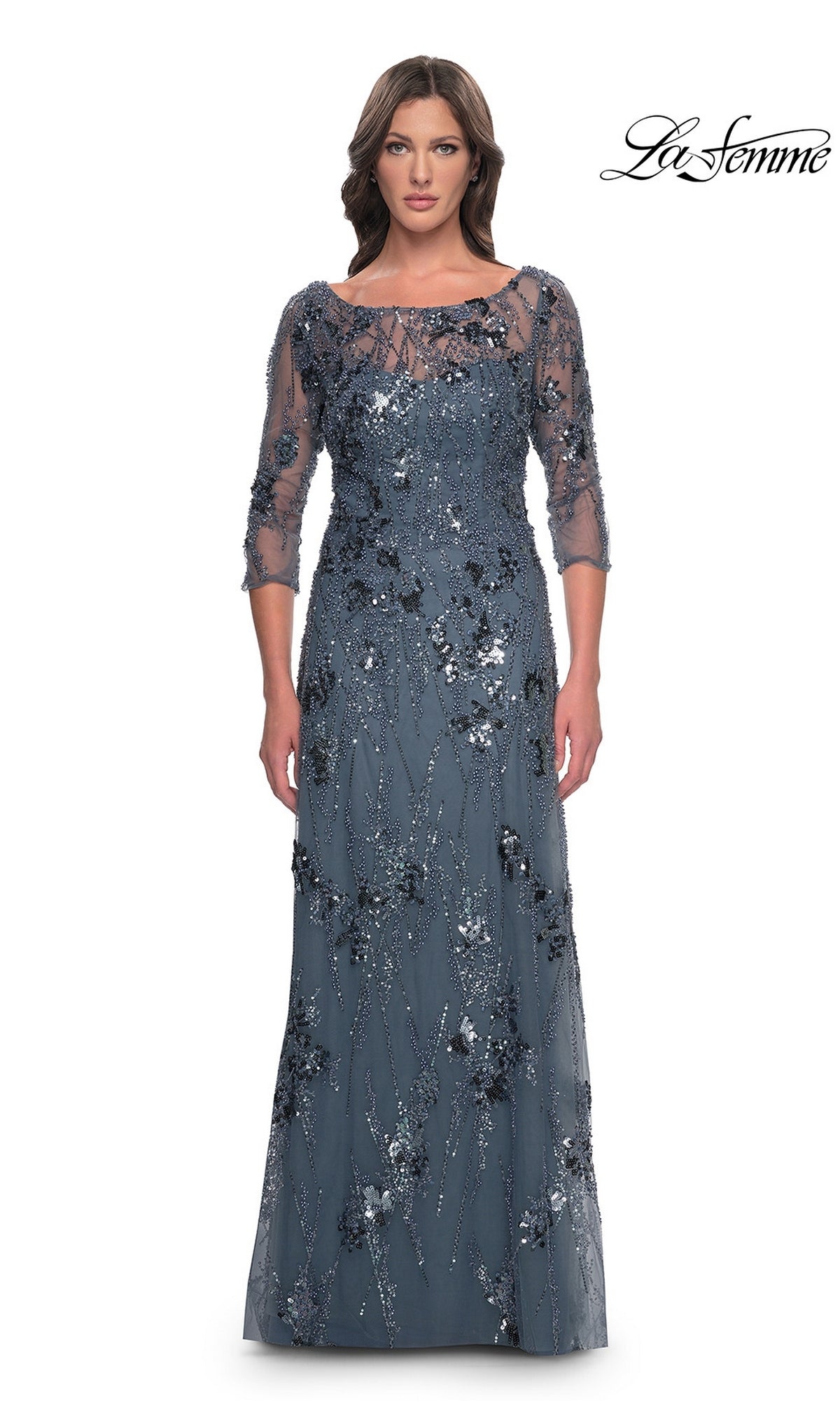 La Femme 31458 slate gray long A-line dress with three-quarter sleeves, a boat neckline, and all-over sequin and beaded floral embroidery.