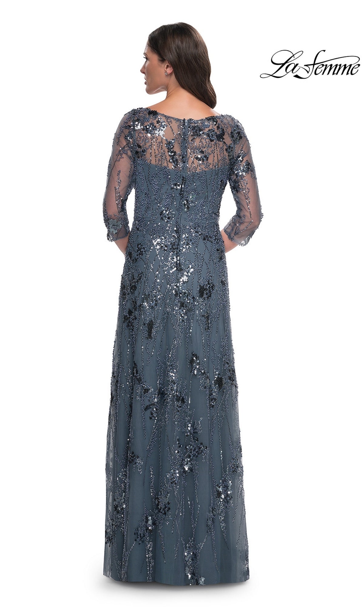Back view of the Long Formal Dress: La Femme 31458, a slate gray A-line gown with three-quarter sleeves and sheer fabric featuring decorative sequin and bead patterns.