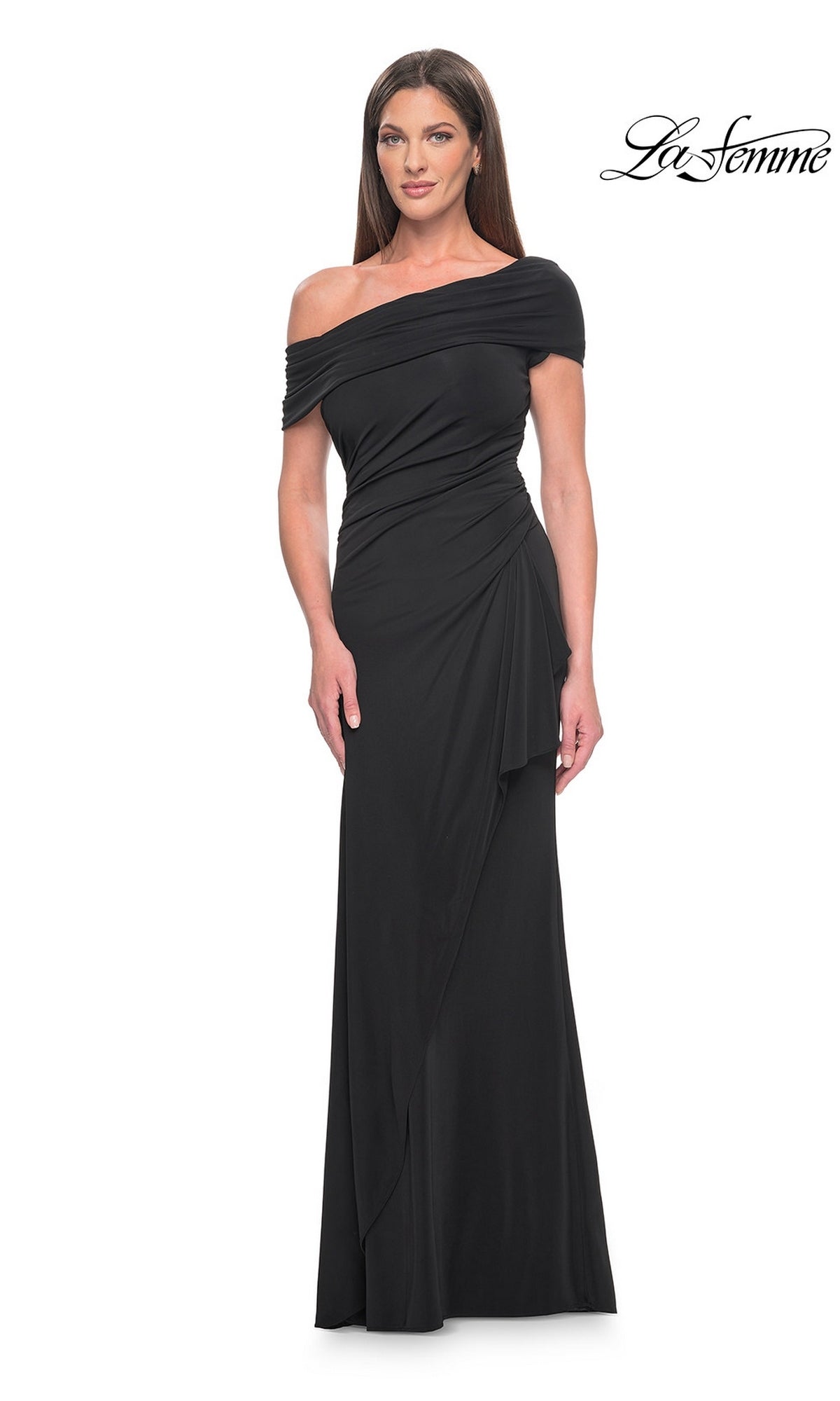 A woman wears a black, floor-length, off-the-shoulder Long Formal Dress: La Femme 31459 with draped fabric at the waist.