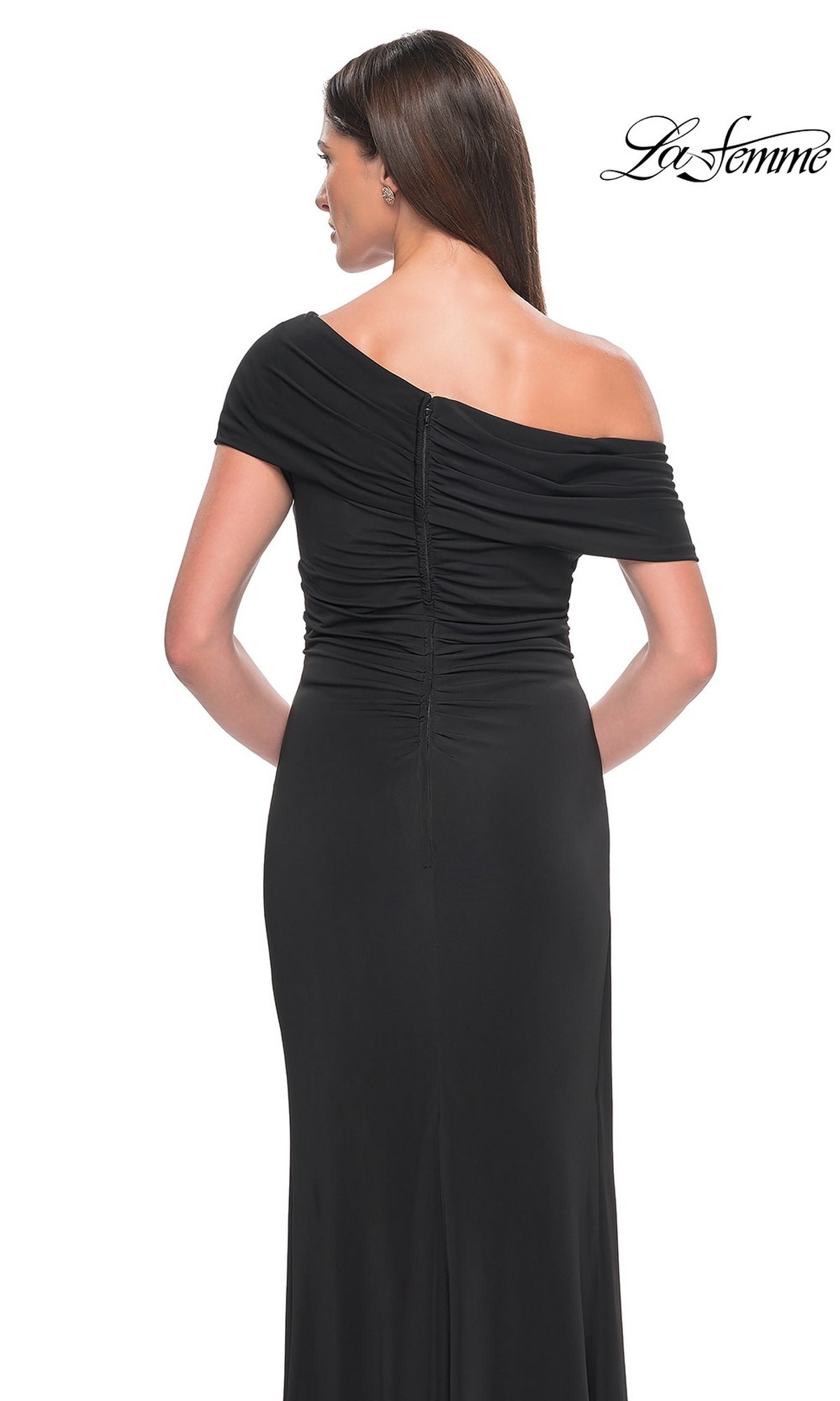 Back view of a black La Femme 31459 off-the-shoulder evening gown, featuring a floor-length silhouette and a ruched center back zipper.