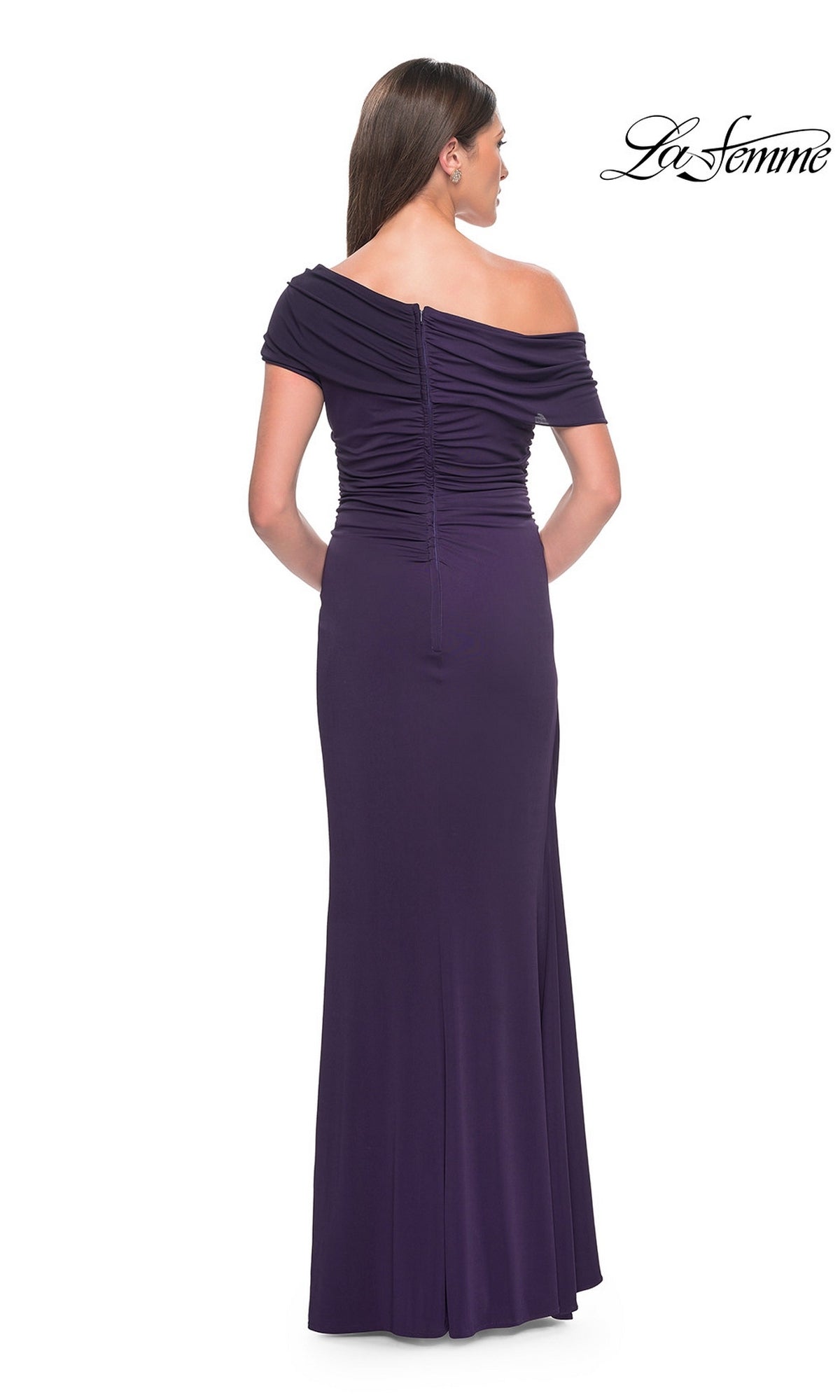 Back view of a floor-length dark purple La Femme 31459 off-the-shoulder evening gown with a ruched bodice and back zipper.
