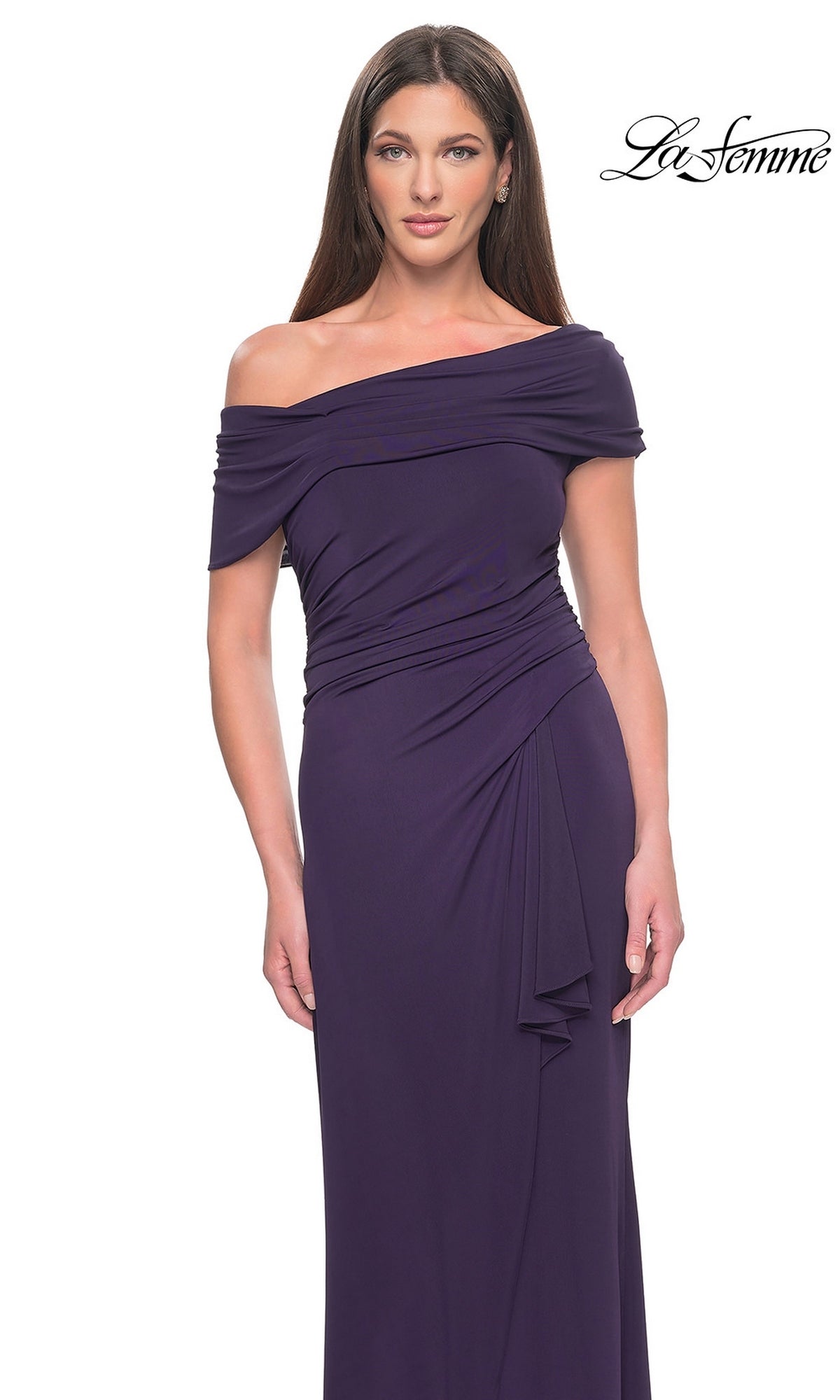 The La Femme 31459 is a dark purple, off-the-shoulder formal gown featuring a draped, ruched bodice and an asymmetrical side-slit skirt.