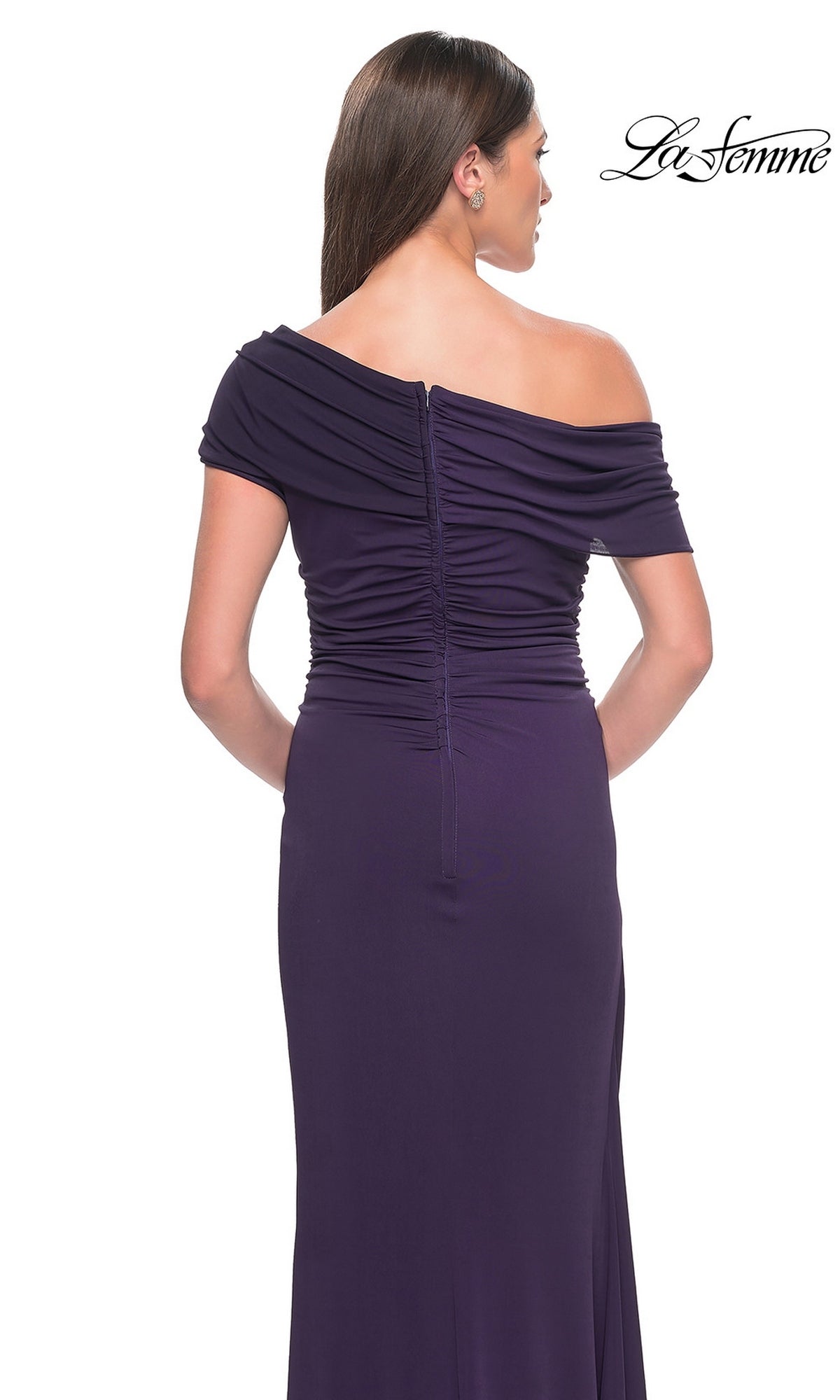 Back view of a floor-length dark purple La Femme 31459 off-the-shoulder gown featuring a gathered bodice and center zipper.