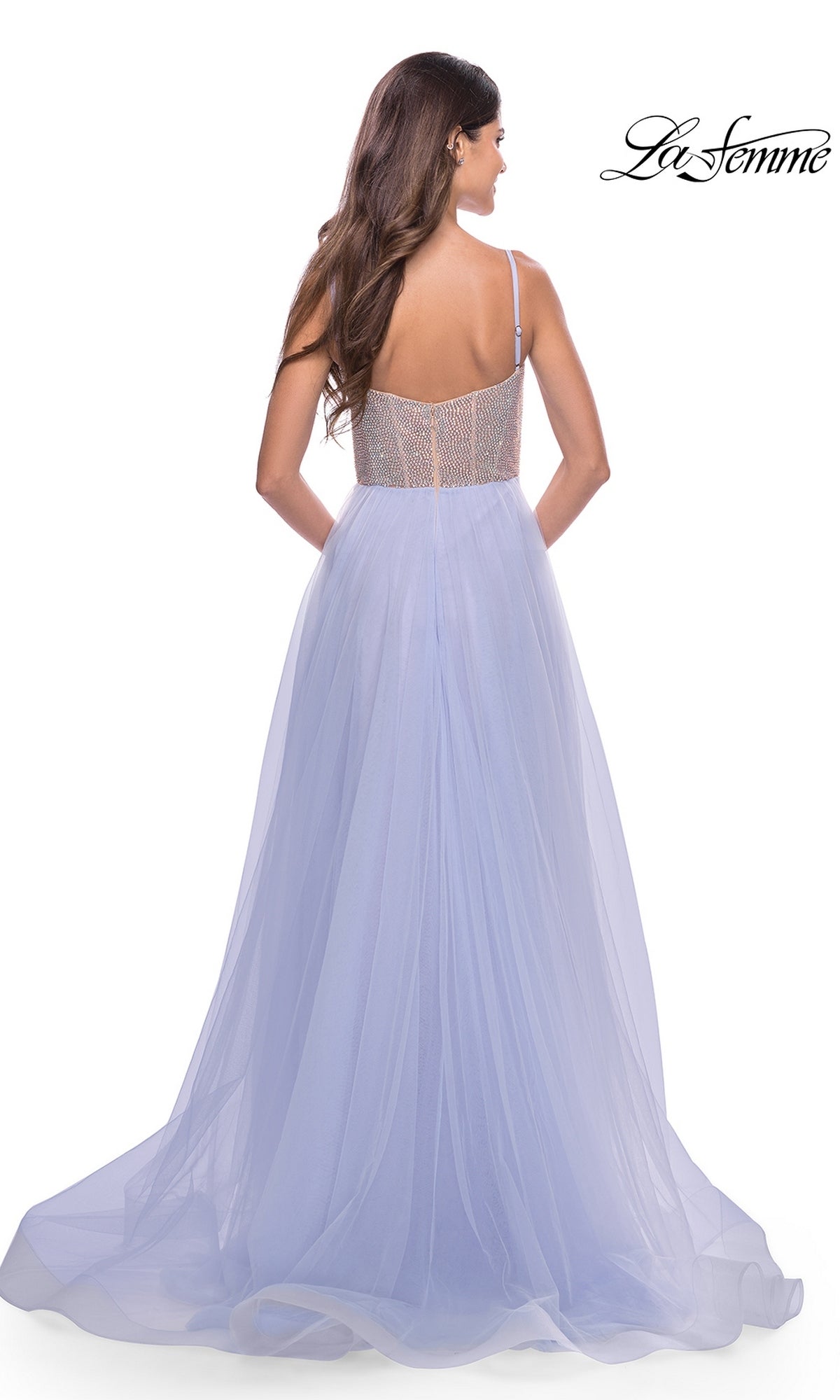 Back view of the Long Prom Dress: La Femme 31578, a floor-length lavender gown featuring a rhinestone bodice and a tulle skirt.