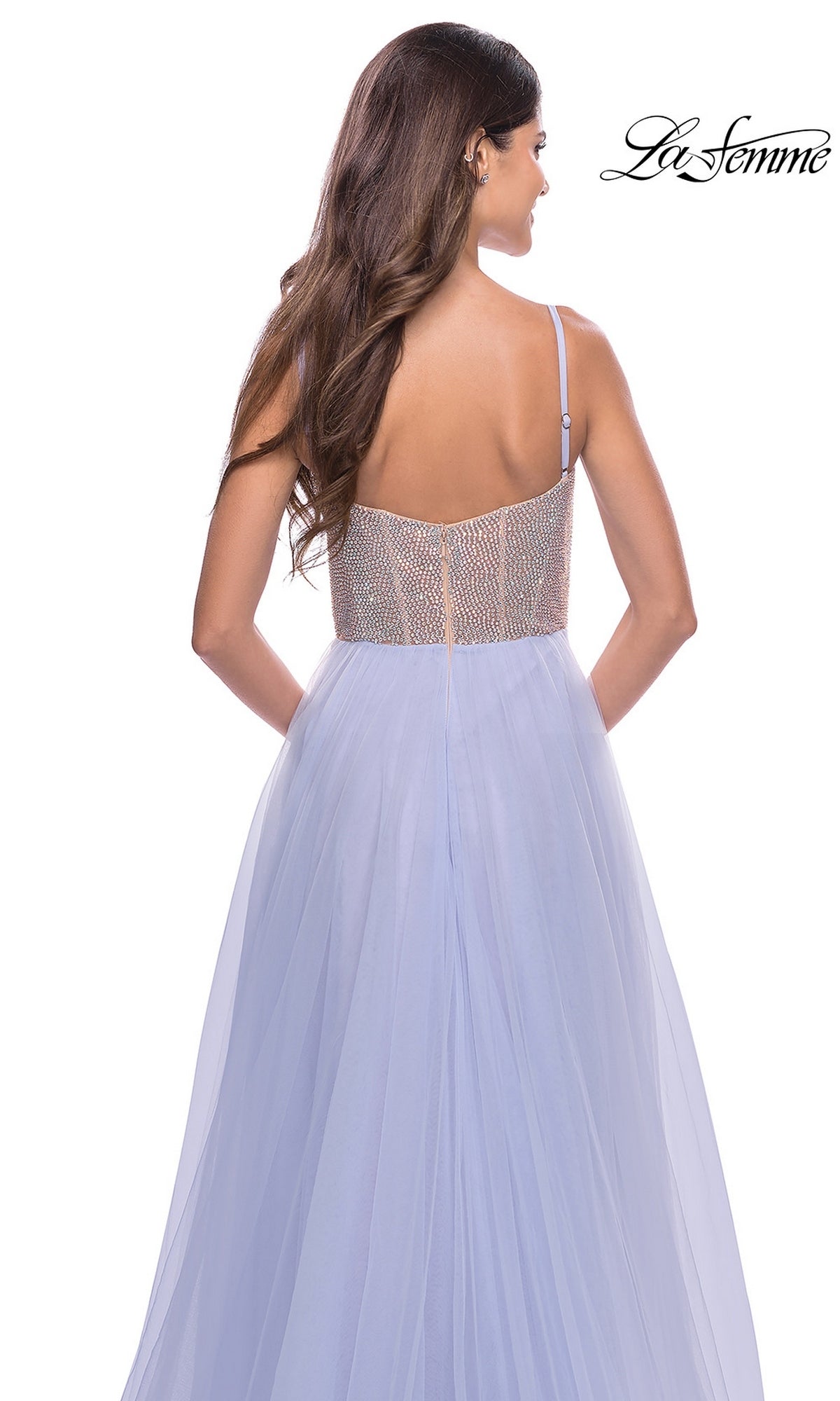 Back view of the Long Prom Dress: La Femme 31578, a floor-length A-line gown with a beaded, rhinestone corset-style bodice and a light purple tulle skirt.