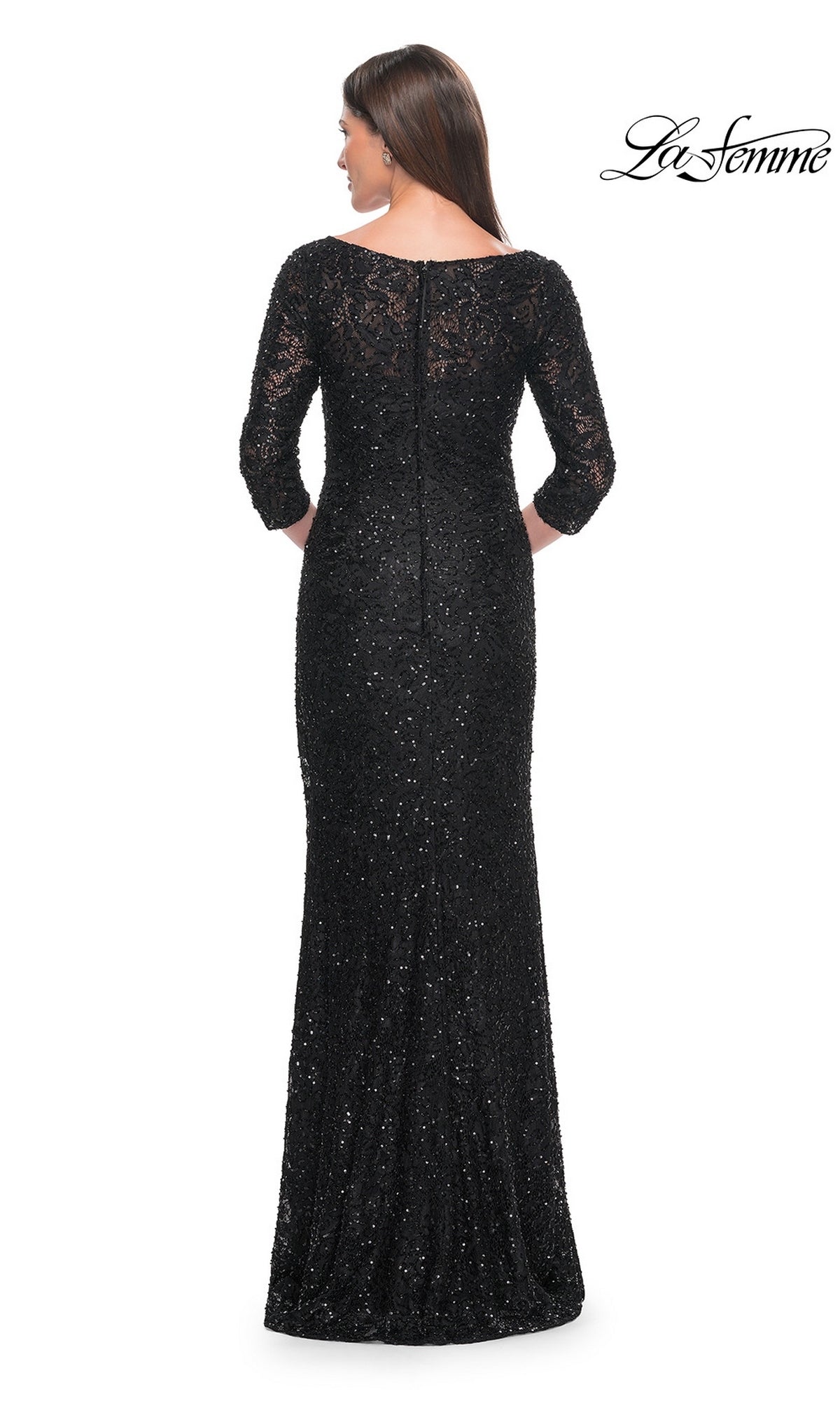 Back view of the floor-length black beaded lace La Femme 31721 formal dress, featuring three-quarter sleeves and a boat neckline.