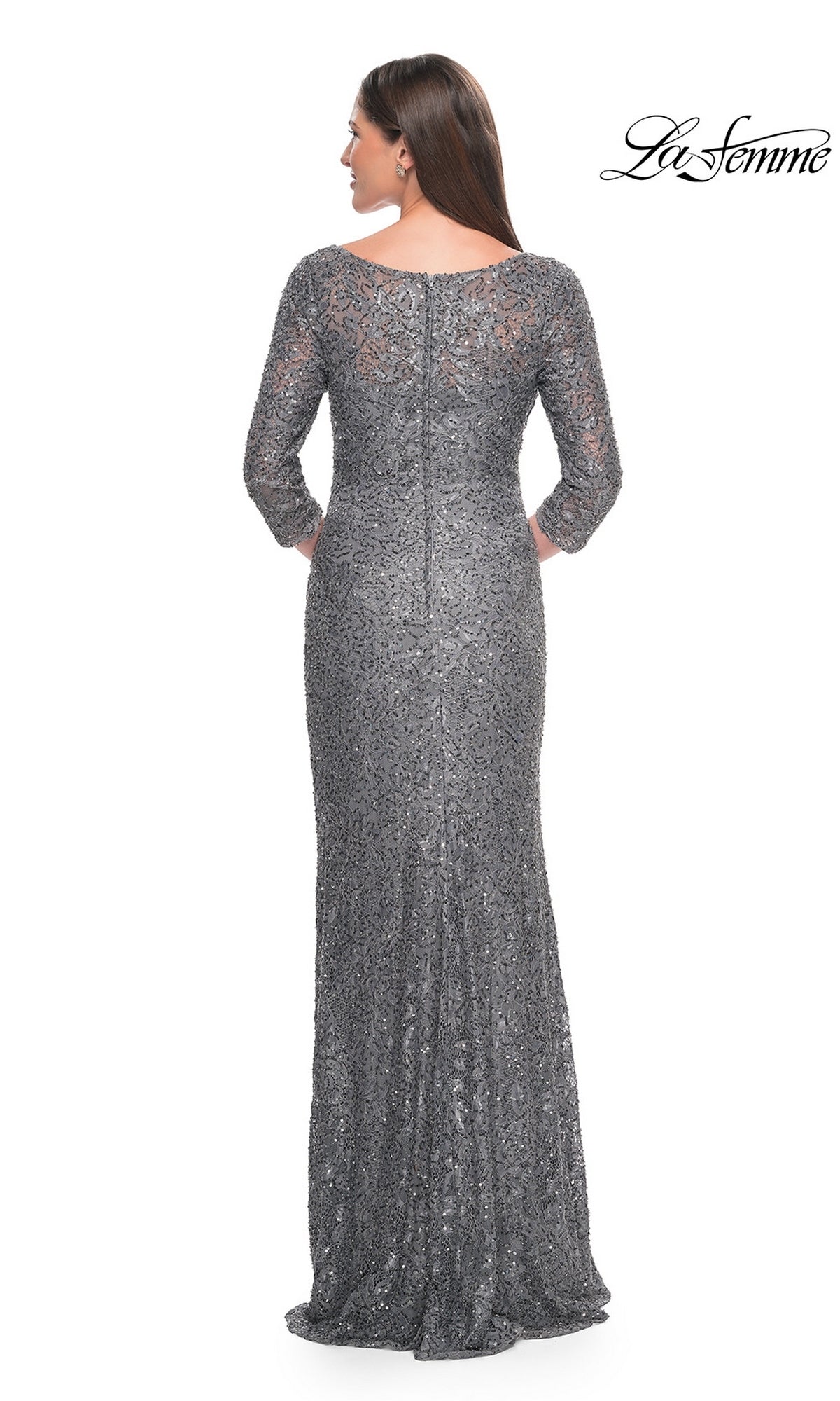Back view of the Long Formal Dress: La Femme 31721, a floor-length gray three-quarter sleeve lace formal dress featuring an all-over sequined overlay.