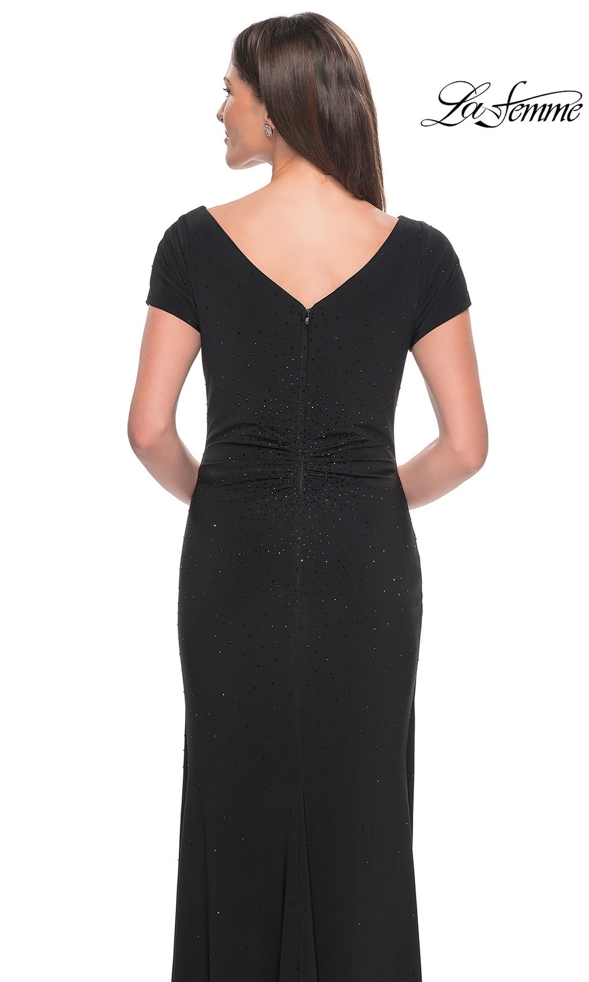 Back view of the Long Formal Dress: La Femme 31773, a long jersey formal dress with a V-neckline, gathered waist, and subtle rhinestone embellishments.
