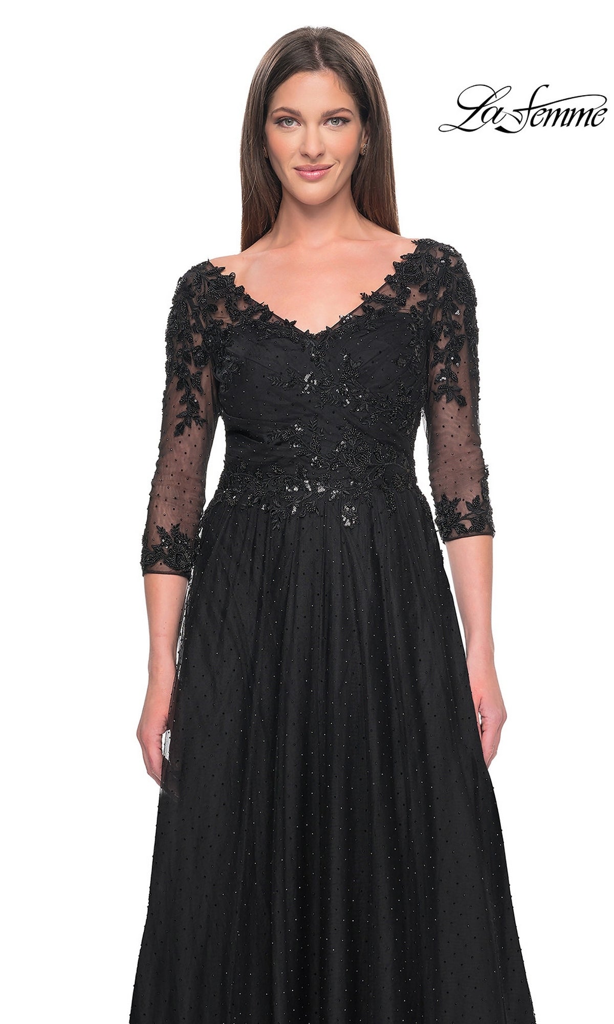 Long Formal Dress: La Femme 31776, a black beaded evening gown with a V-neckline, three-quarter length sleeves, and intricate floral lace detailing on the bodice and shoulders.