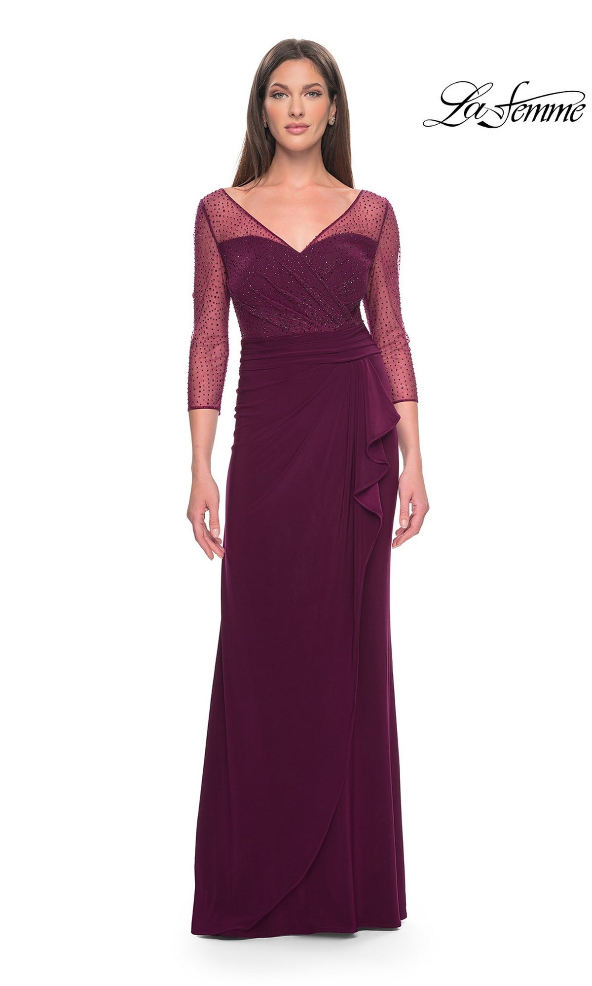 La Femme 31777 dark berry formal dress with a V-neck, three-quarter length beaded sleeves, and a draped skirt.
