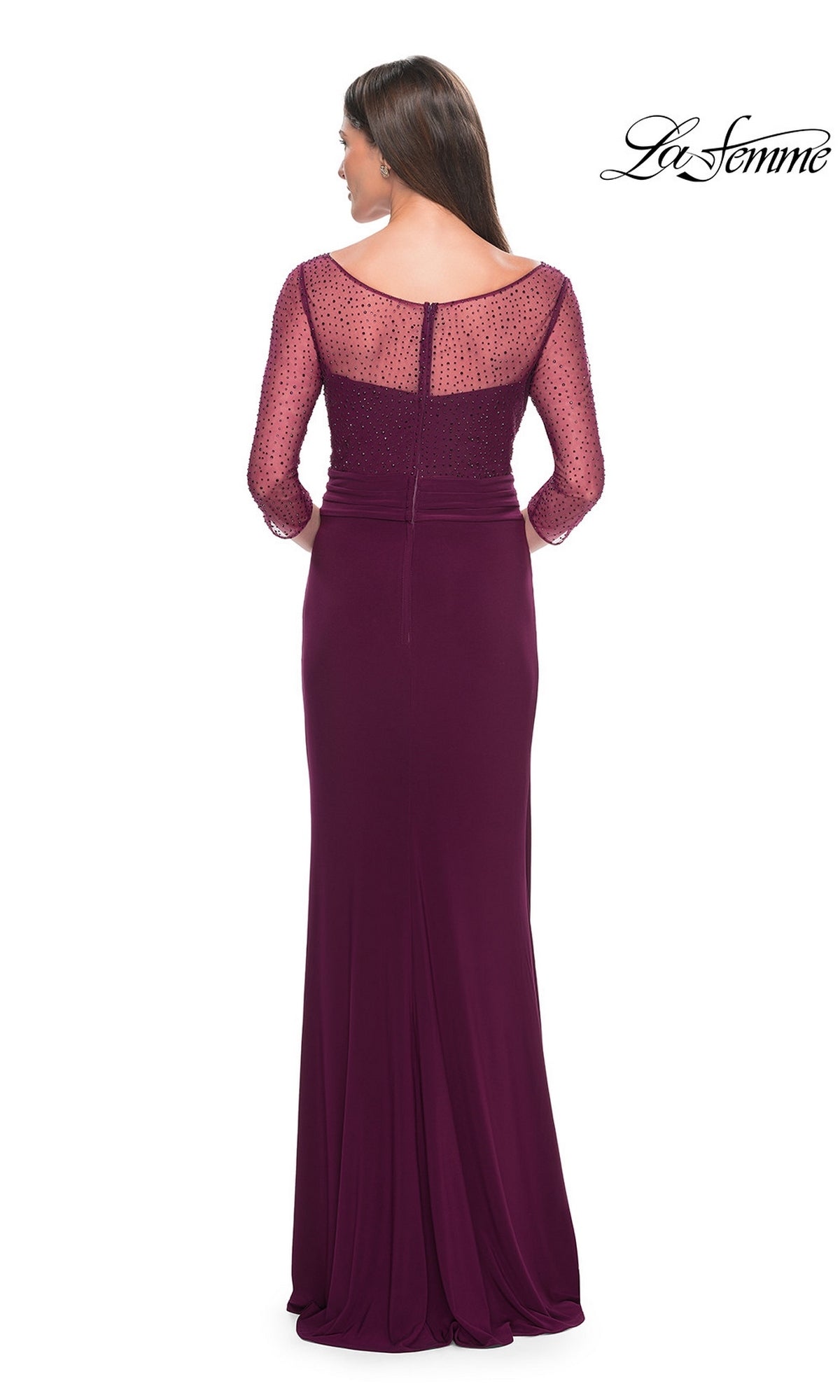 Back view of the Long Formal Dress: La Femme 31777, a floor-length, plum-colored evening gala dress featuring a beaded illusion neckline and three-quarter length sleeves.