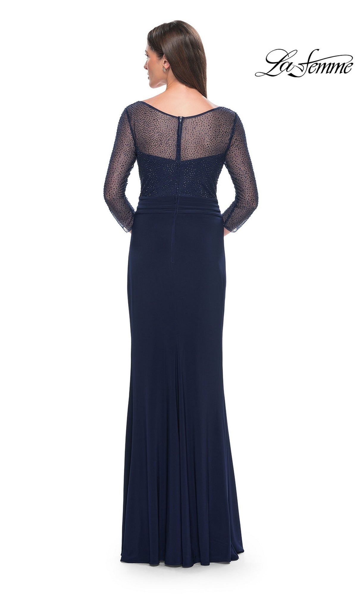 Back view of the Long Formal Dress: La Femme 31777, a floor-length navy blue evening gala dress featuring a beaded bodice and long, sheer, beaded sleeves.