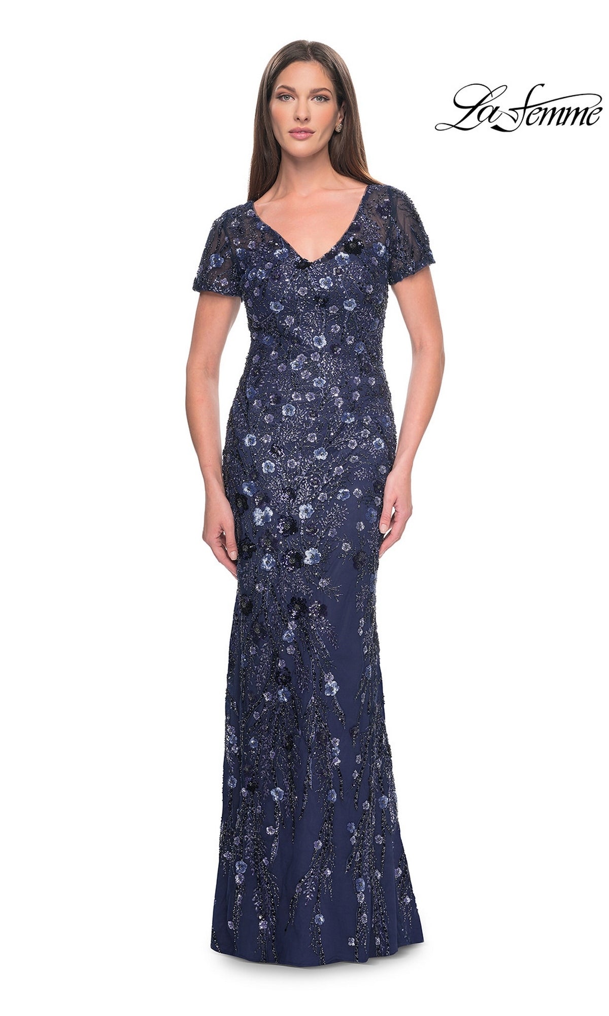 La Femme 31779 navy blue short-sleeve floor-length formal dress with a V-neckline and all-over sequin floral embellishments.