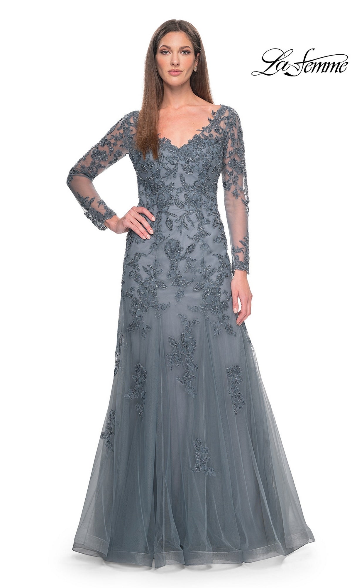 La Femme 31887 formal dress in gray, featuring long sleeves, a V-neckline, and intricate floral embroidery with beaded lace appliques.