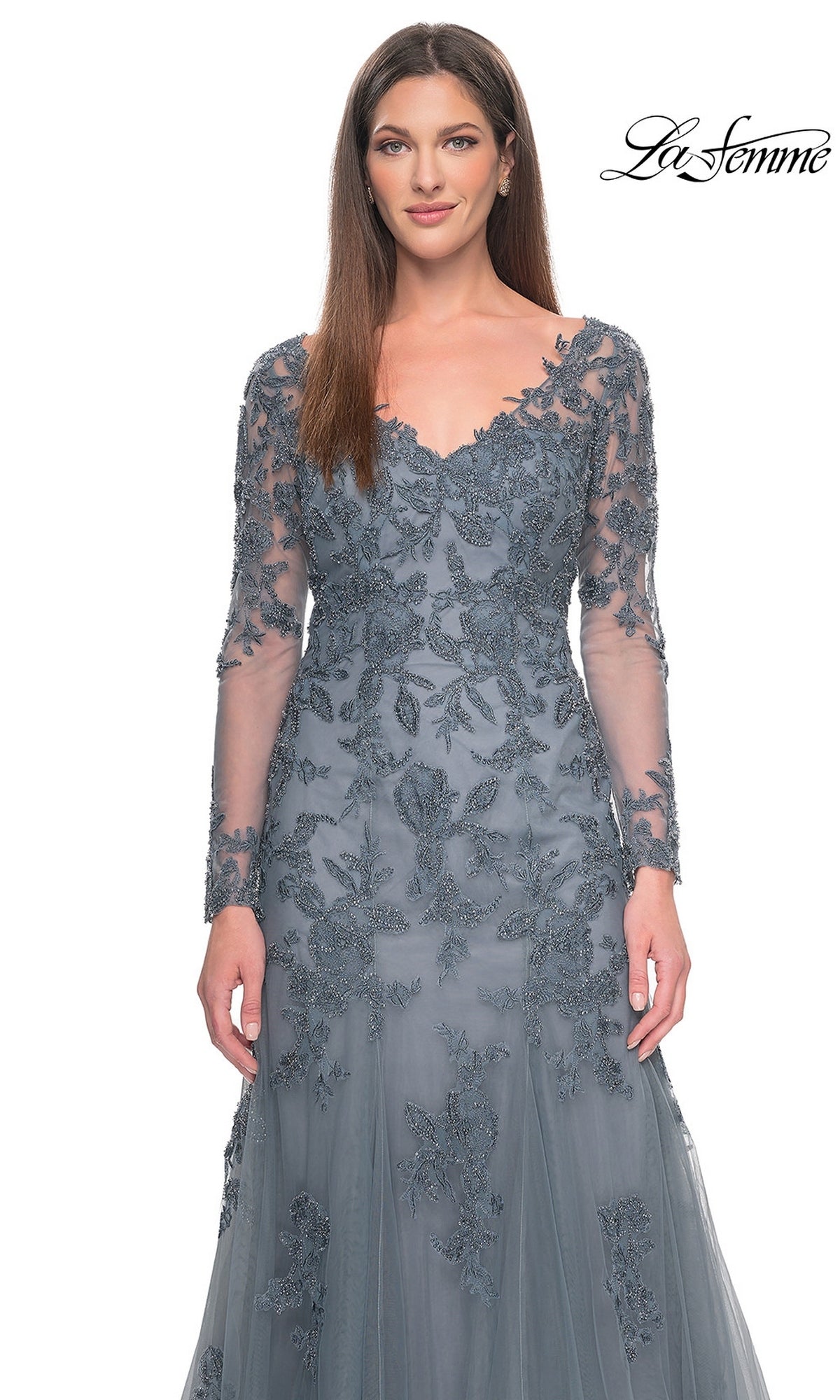 Grey long-sleeved La Femme 31887 formal dress with a V-neckline, intricate floral beadwork, and a long silhouette.
