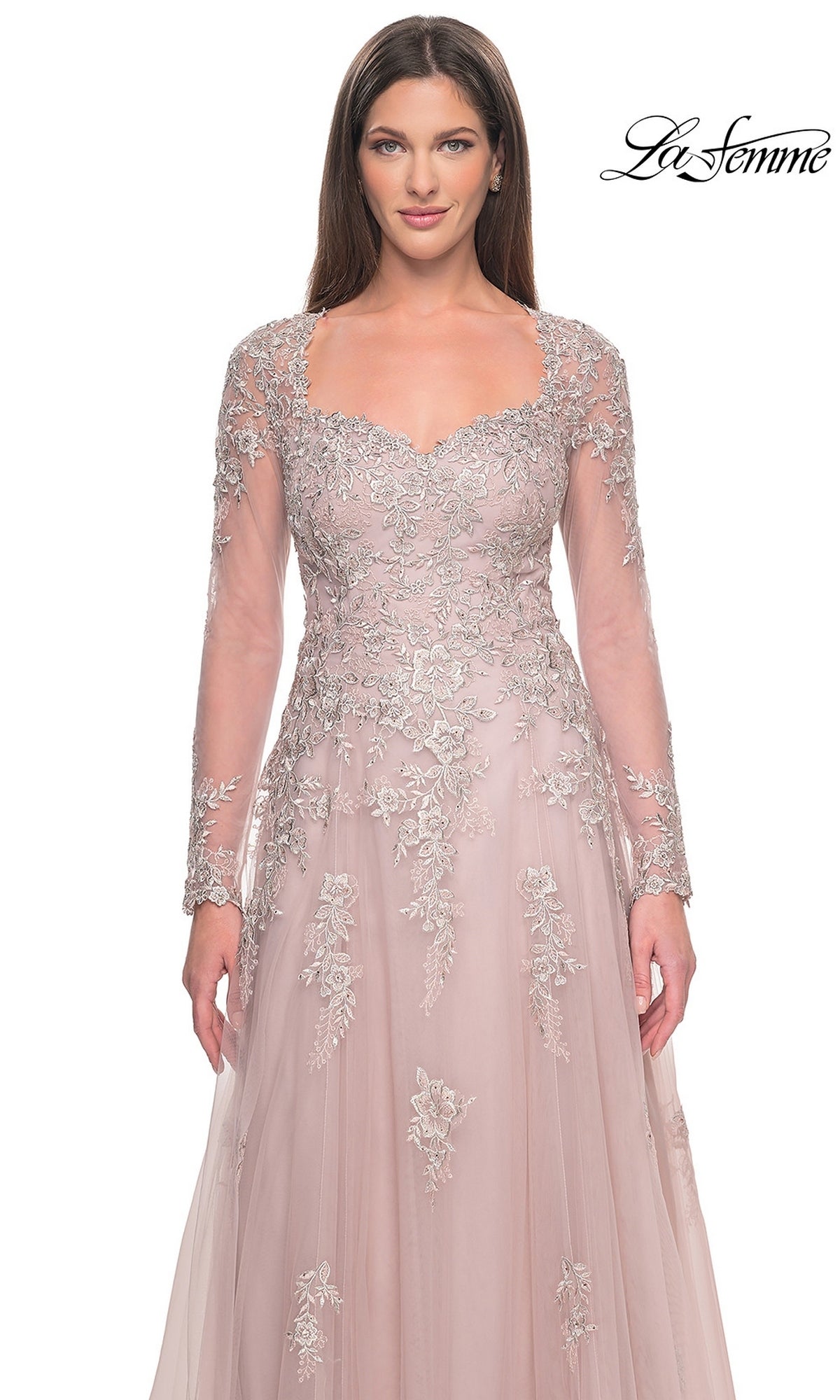 La Femme 31937 long-sleeved dusty rose tulle evening gown featuring a scoop neckline and silver floral lace embroidery extending from the bodice to the skirt.