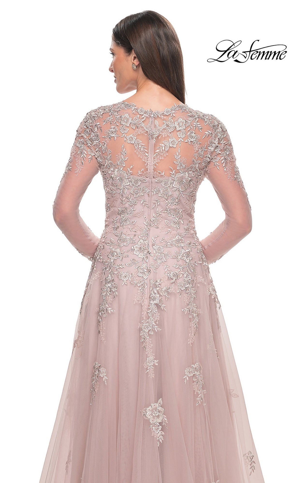 Back view of the dusty rose La Femme 31937 long formal dress, featuring an illusion neckline and floral lace applique.