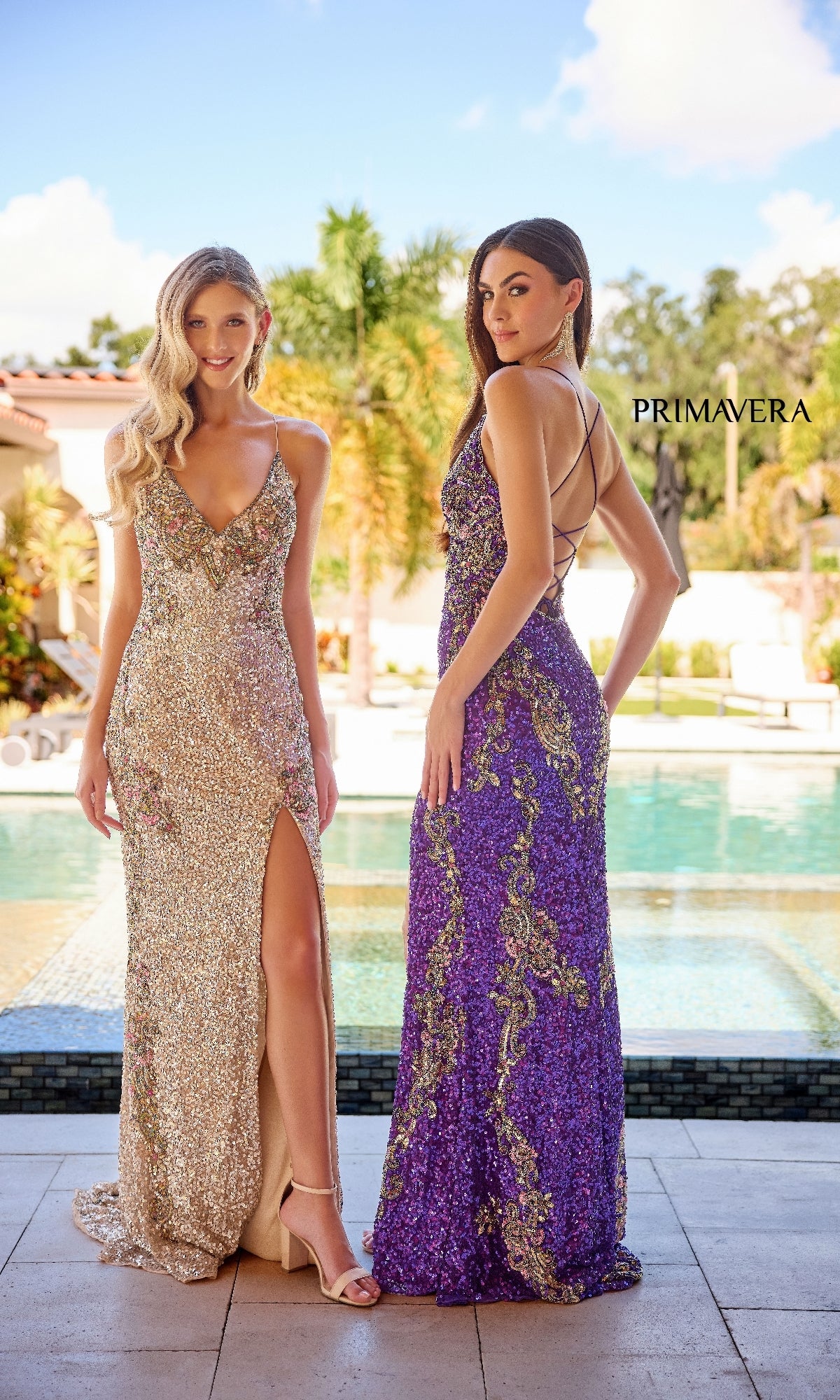 Two women stand by a pool in shimmering dresses; one dazzles in a V-Neck Sequin Long Prom Gown with lace-up back, featuring purple sequins, gold accents, and a strappy detail. The other wears a gold evening gown with a thigh-high slit.