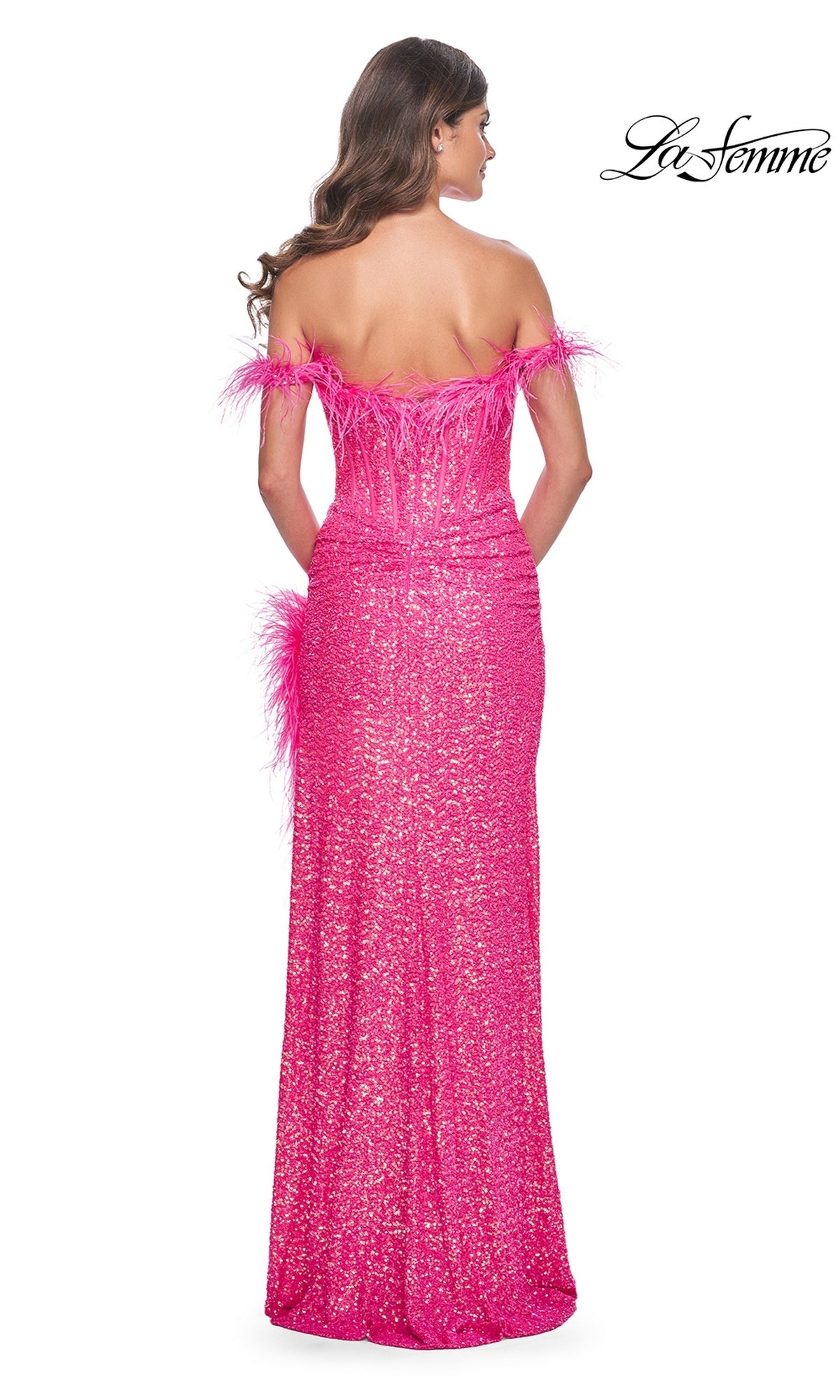 A woman is shown from the back wearing the La Femme Feather Long Pink Sequin Prom Dress 32150, which features off-the-shoulder styling and feather accents. The La Femme logo appears in the top right corner.