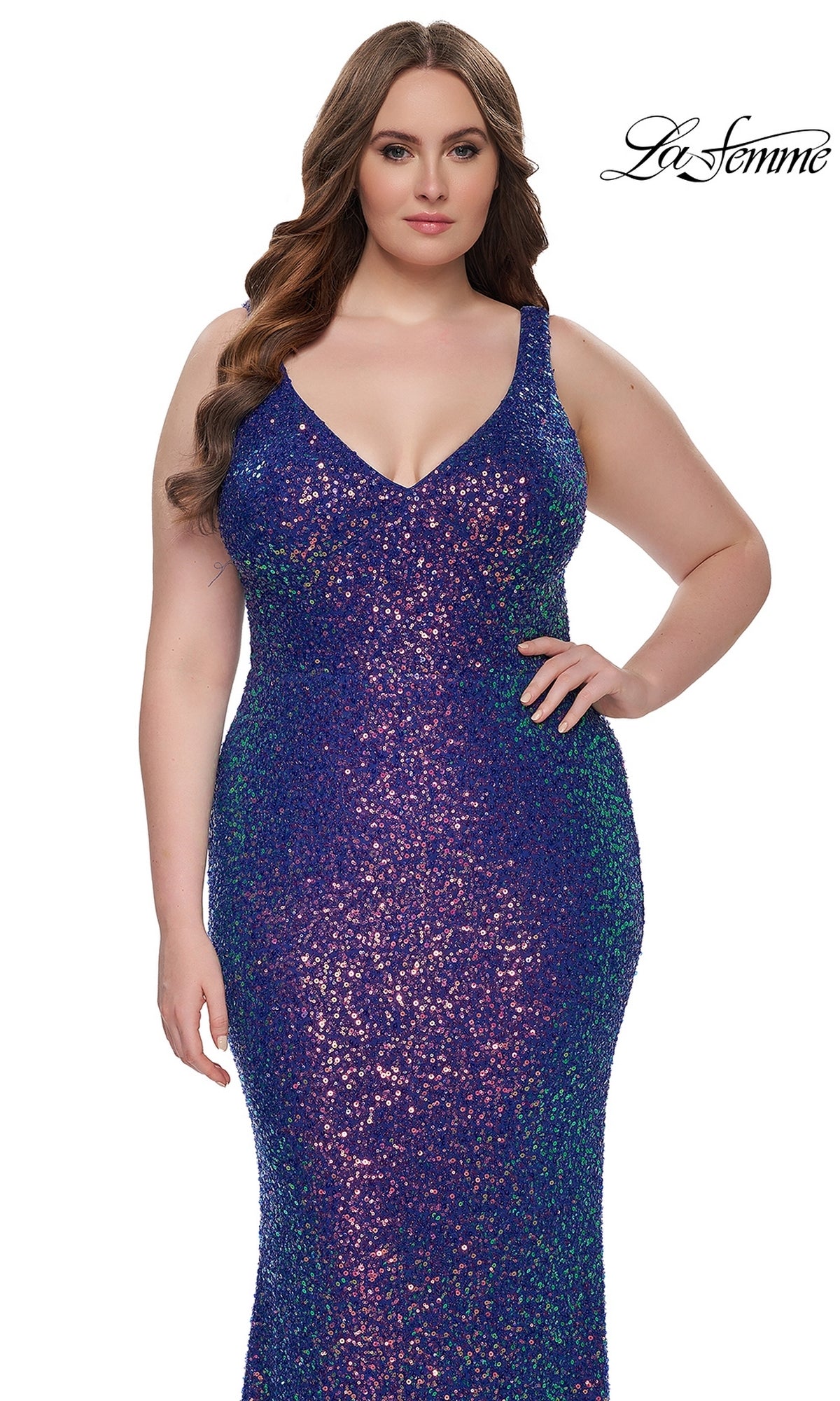 A woman models the La Femme Plus-Size Long Sequin Prom Dress 32199, featuring purple and blue sequins with a deep neckline, against a white background. The La Femme logo appears in the top right corner.