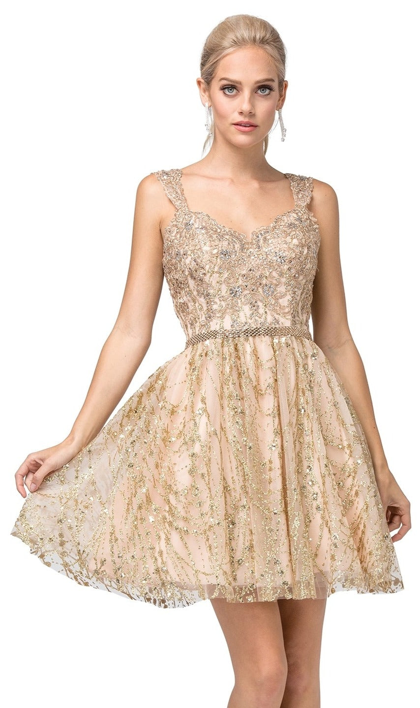 A woman poses against a white background in a Short Glitter A-Line Corset-Back Homecoming Dress—champagne-colored with gold sequin embellishments and a flared skirt.