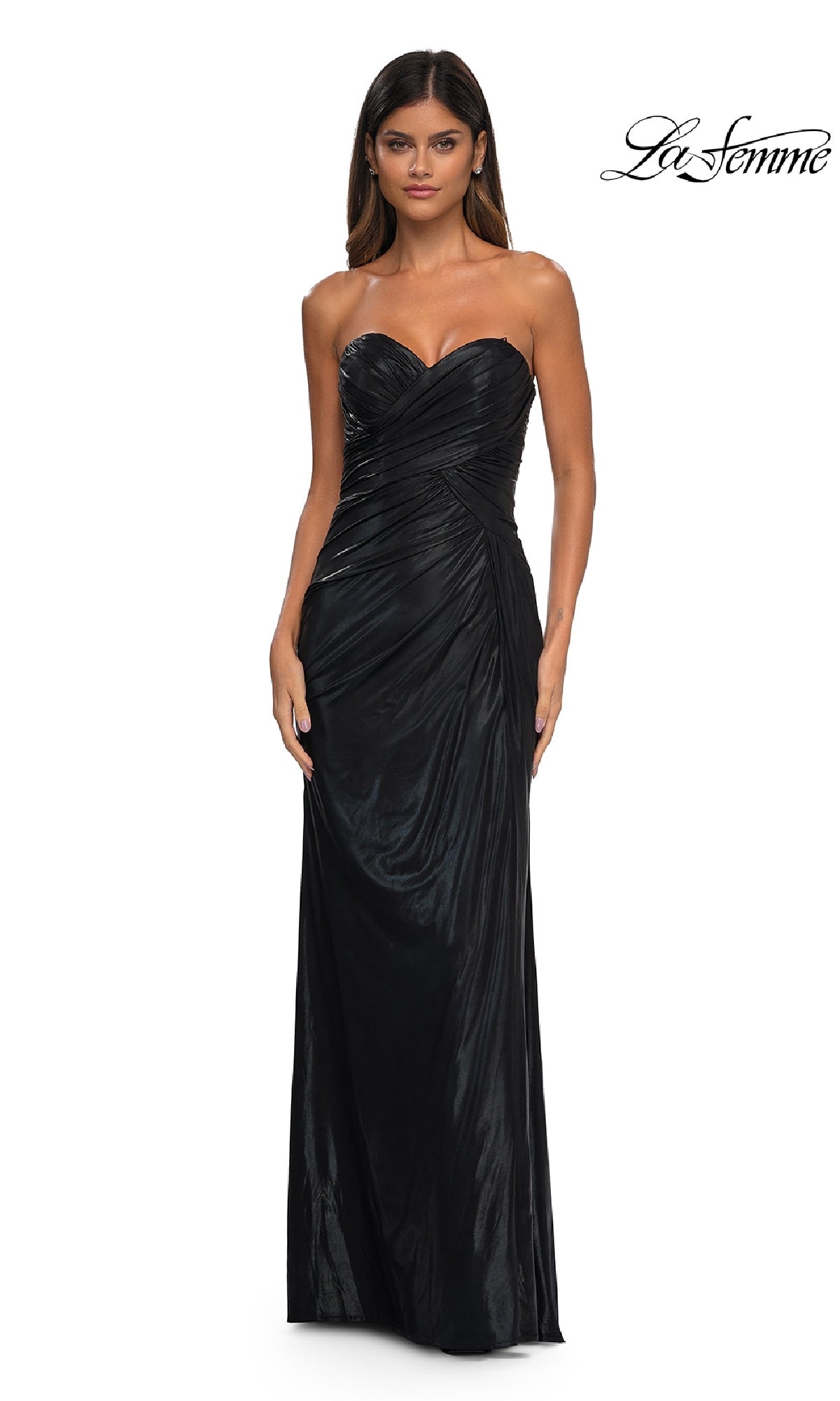 A woman wears the La Femme 32375 strapless, floor-length metallic prom dress with ruched details, standing against a plain white background. The “La Femme” logo is displayed in the top right corner.