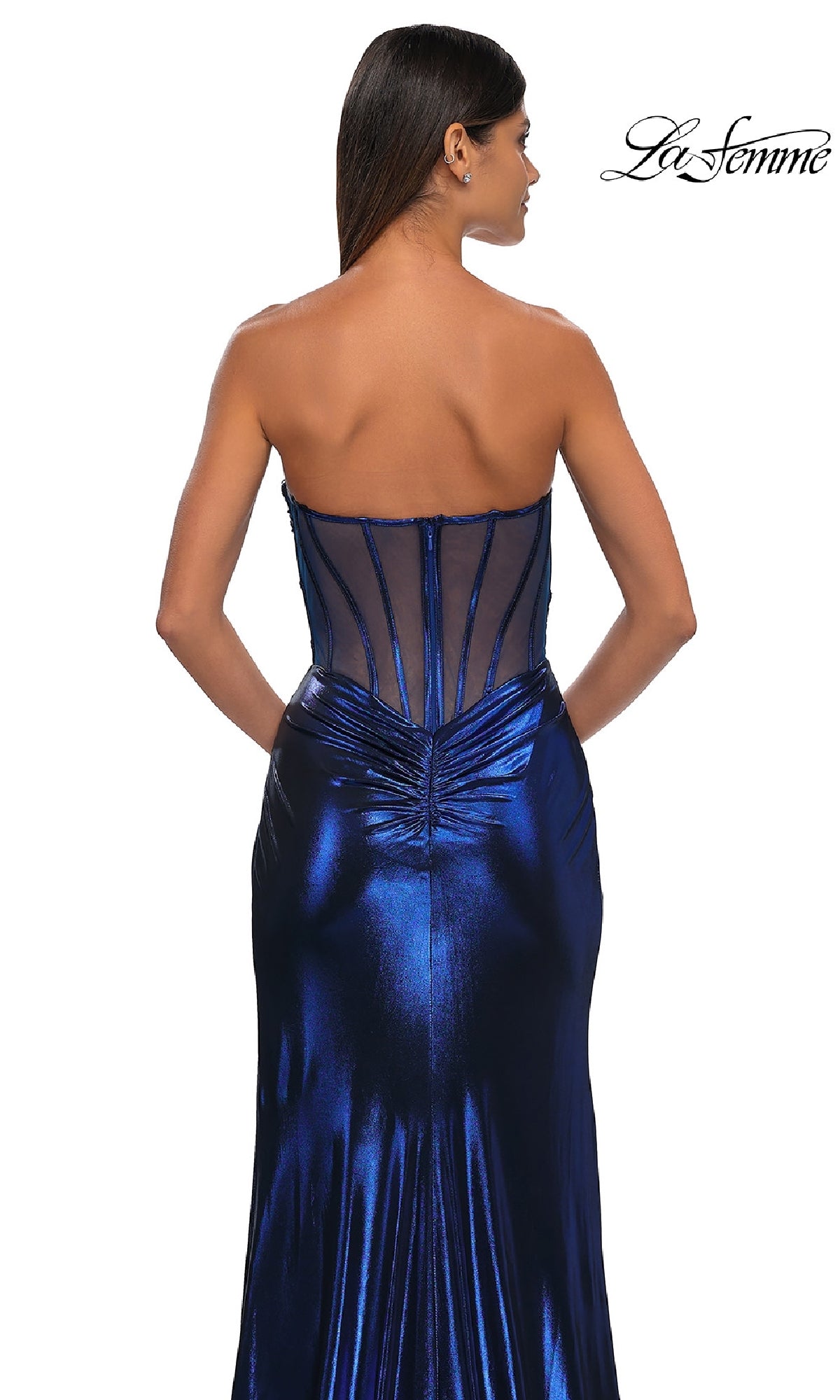 A woman shown from behind wearing the La Femme 32375 Strapless Long Metallic Prom Dress in blue, featuring a sheer structured corset back and ruched detail.