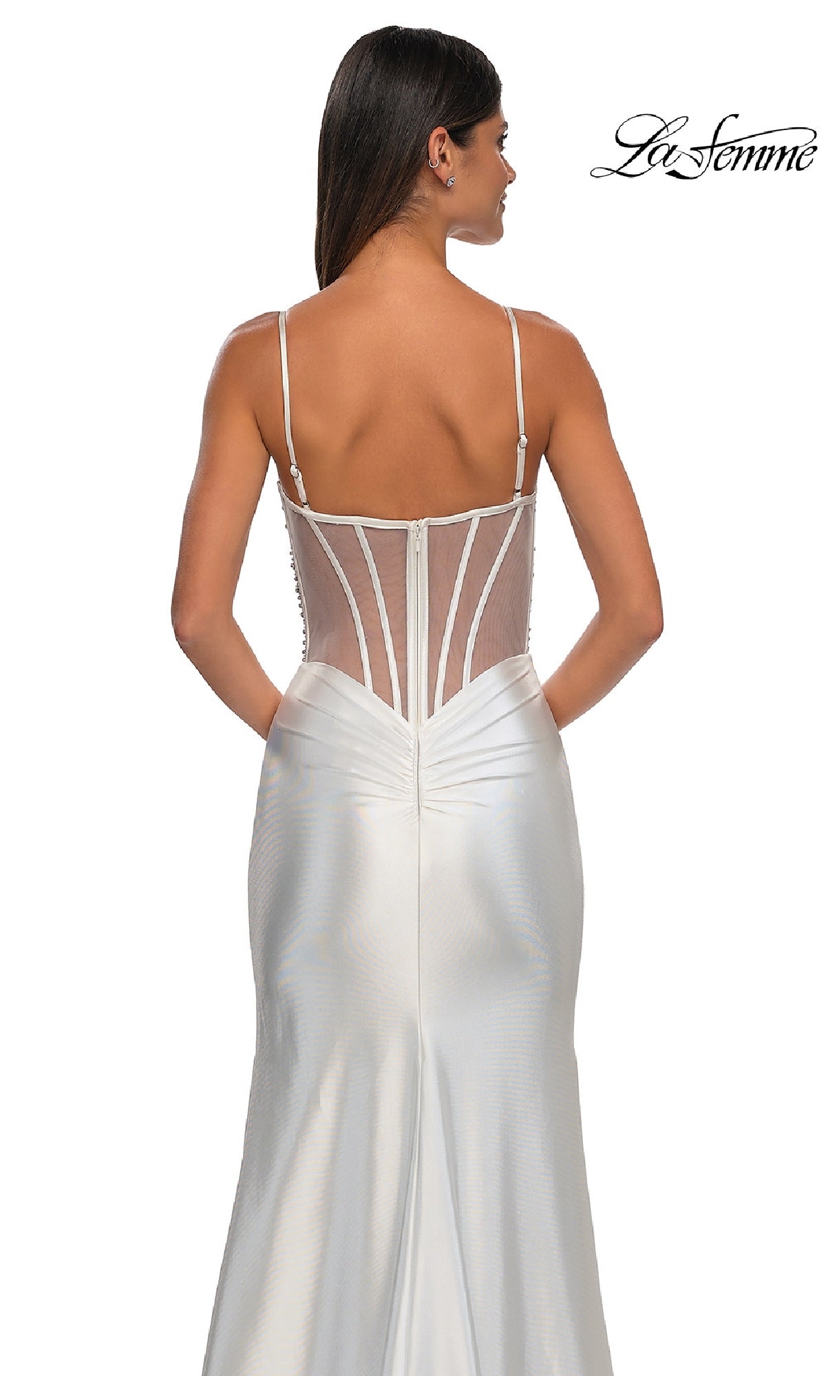 A woman is shown from behind wearing the La Femme 32691, a long satin prom dress with thin straps and a sheer corset-style back, against a plain background. The La Femme logo appears in the top right corner.