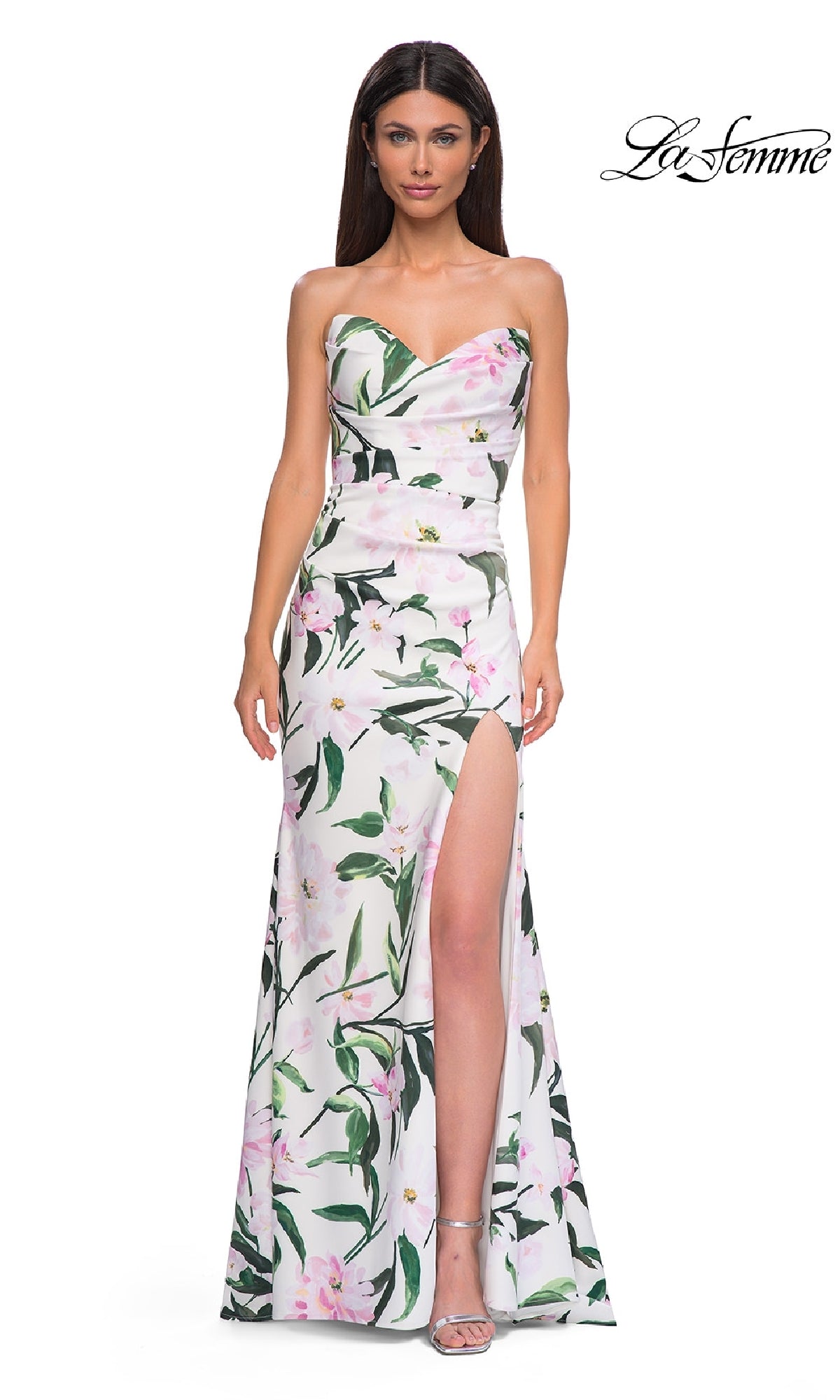 Woman wearing the Strapless Long Print Prom Dress: La Femme 32752, featuring a floral pattern and thigh-high slit, standing and facing forward;