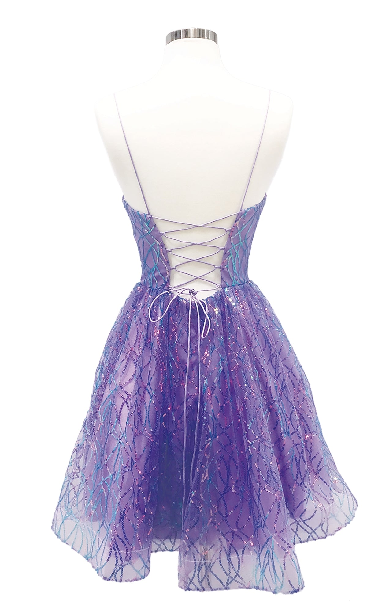 The Lace-Up Short Glitter-Print Homecoming Dress 3280 is a purple semi-formal party dress with thin straps, a corset back, and a wavy-patterned flared skirt—perfect for making an entrance. Displayed on a white mannequin.