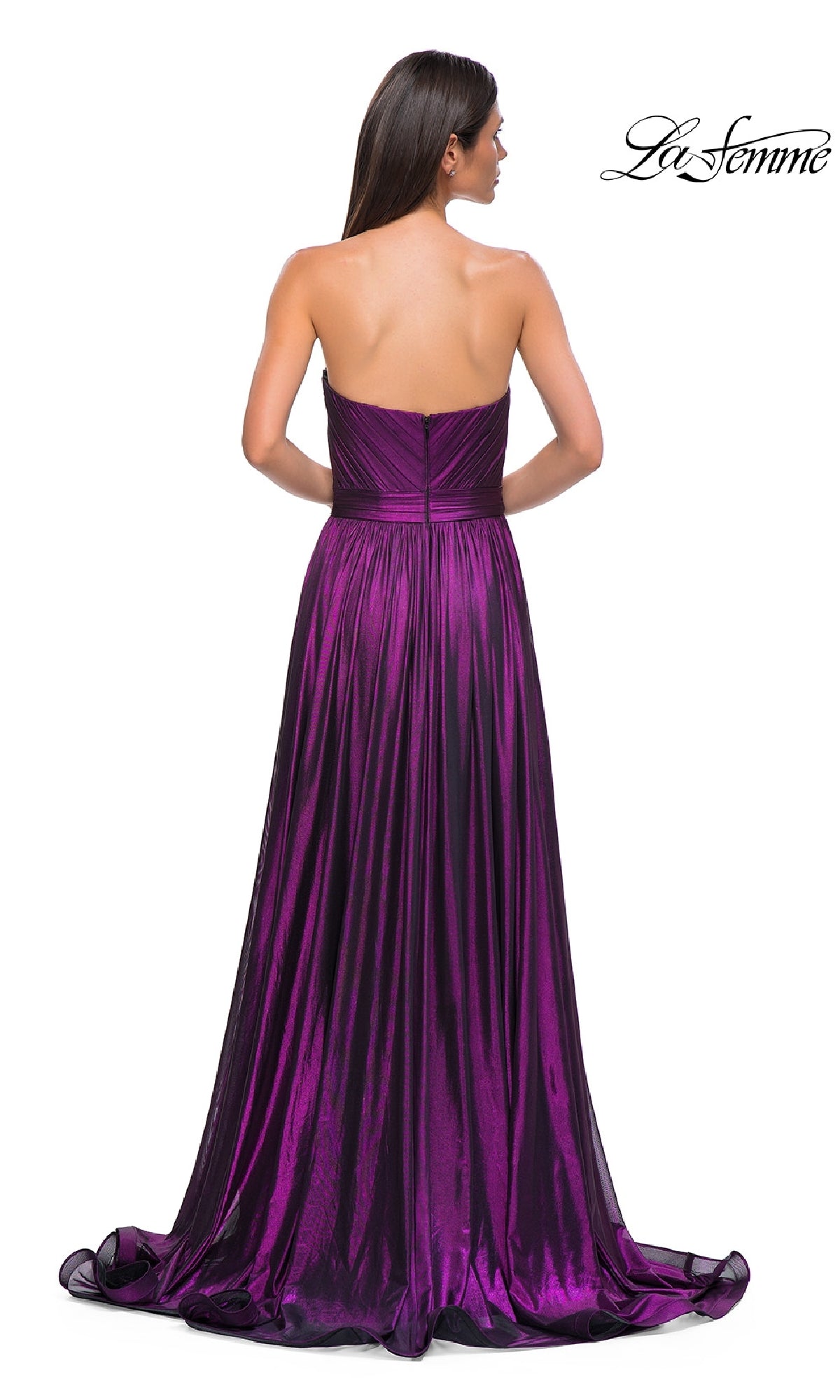 A woman models the Strapless Long Metallic Prom Gown: La Femme 32988, standing with her back to the camera against a plain white background.