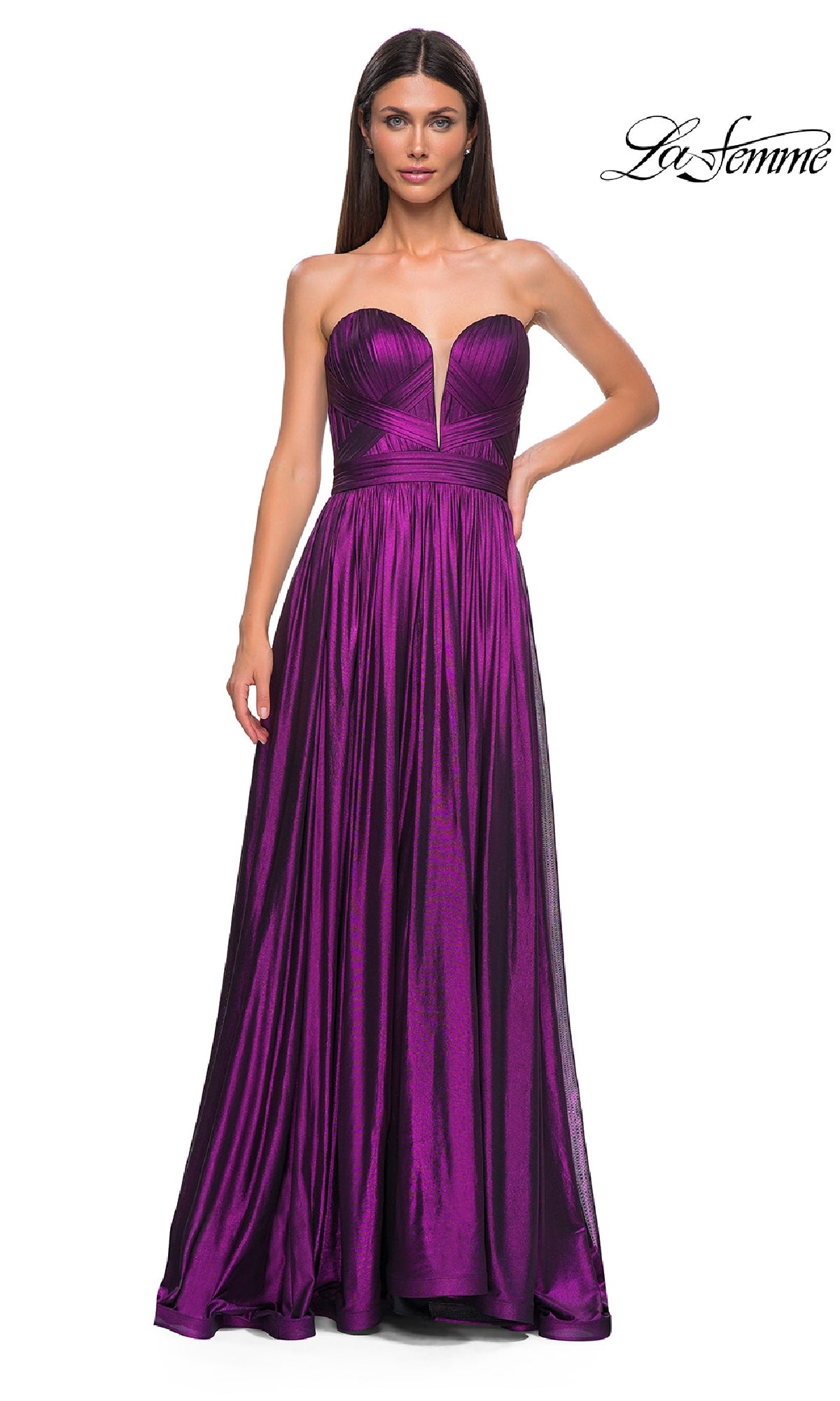 A woman models the La Femme 32988: a strapless, floor-length purple metallic prom gown with a sweetheart neckline, set against a white background. The