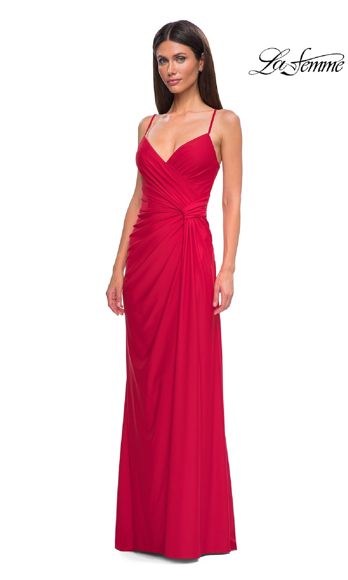Woman wearing the La Femme 32977 Side-Sash Lace-Up Long Prom Dress with thin straps and ruched detailing, standing against a white background with the